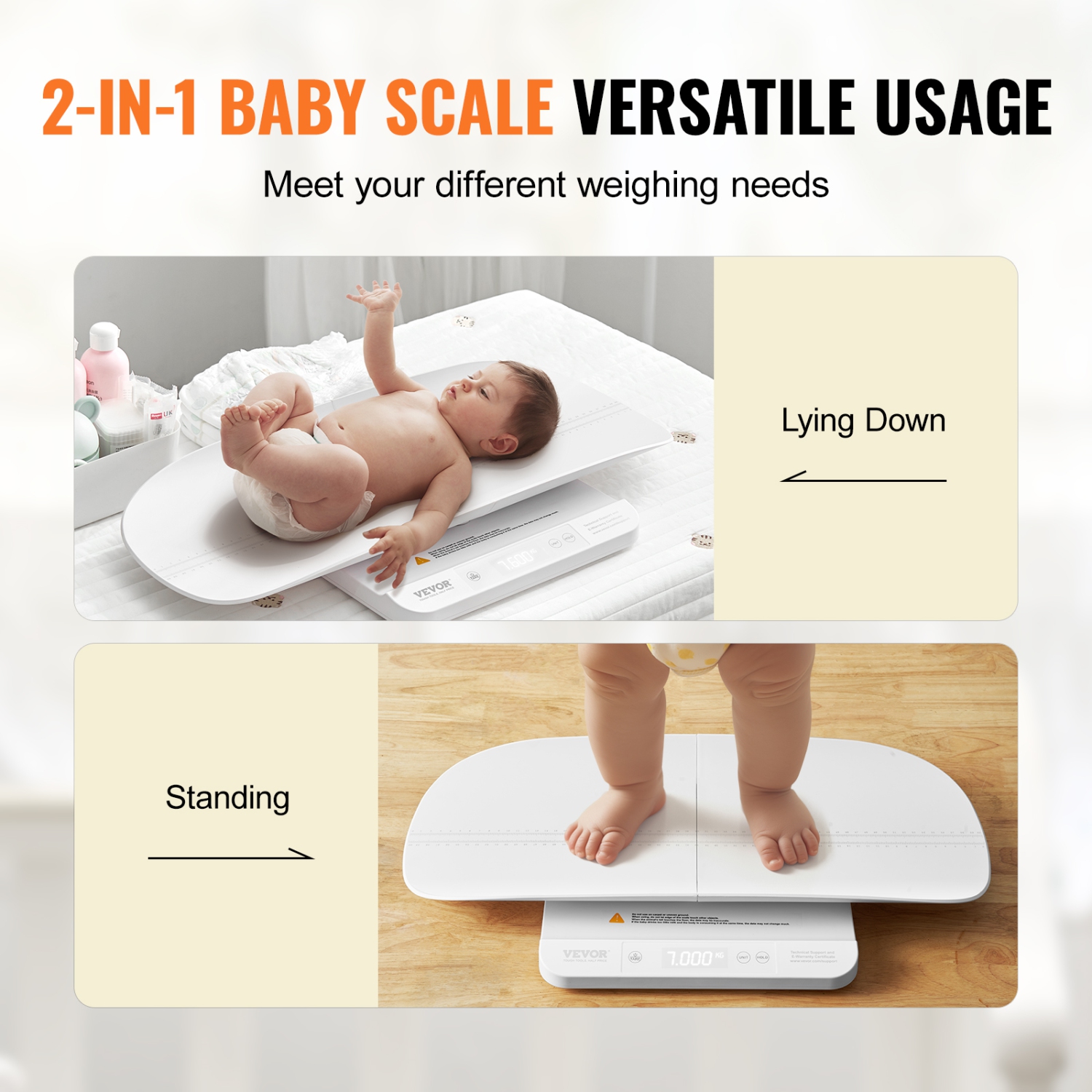 Balance pour bébé VEVOR d'une capacité de 66 lb, pèse-bébé 2-en-1 avec plateau amovible, balance numérique pour bébé avec fonction de maintien et de