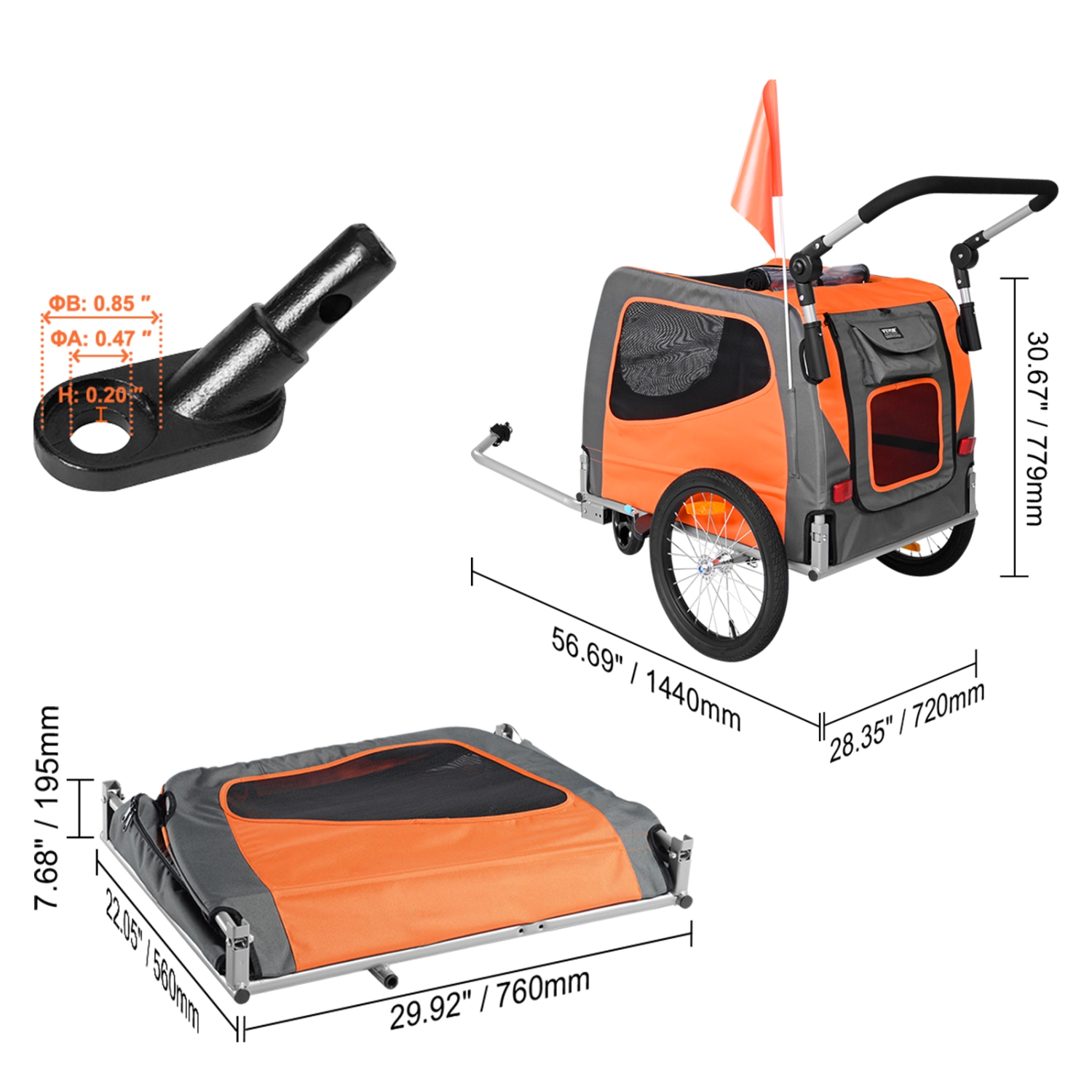 VEVOR 66 lbs,Dog Bike Trailer,2-in-1 Pet Stroller Cart Bicycle Carrier, Easy Folding Cart Frame with Quick Release Wheels, Universal Bicycle Coupler,