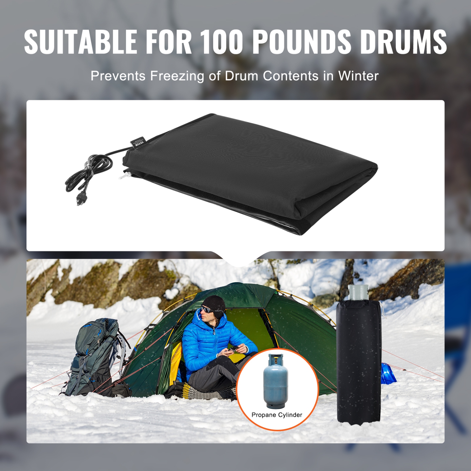 VEVOR Insulated Band Style Gas Cylinder Warmer, Fits 100 lbs Gas Tanks 280W Propane Heater, Fixed Internal Thermostat Max Temp 90 ℉, Durable