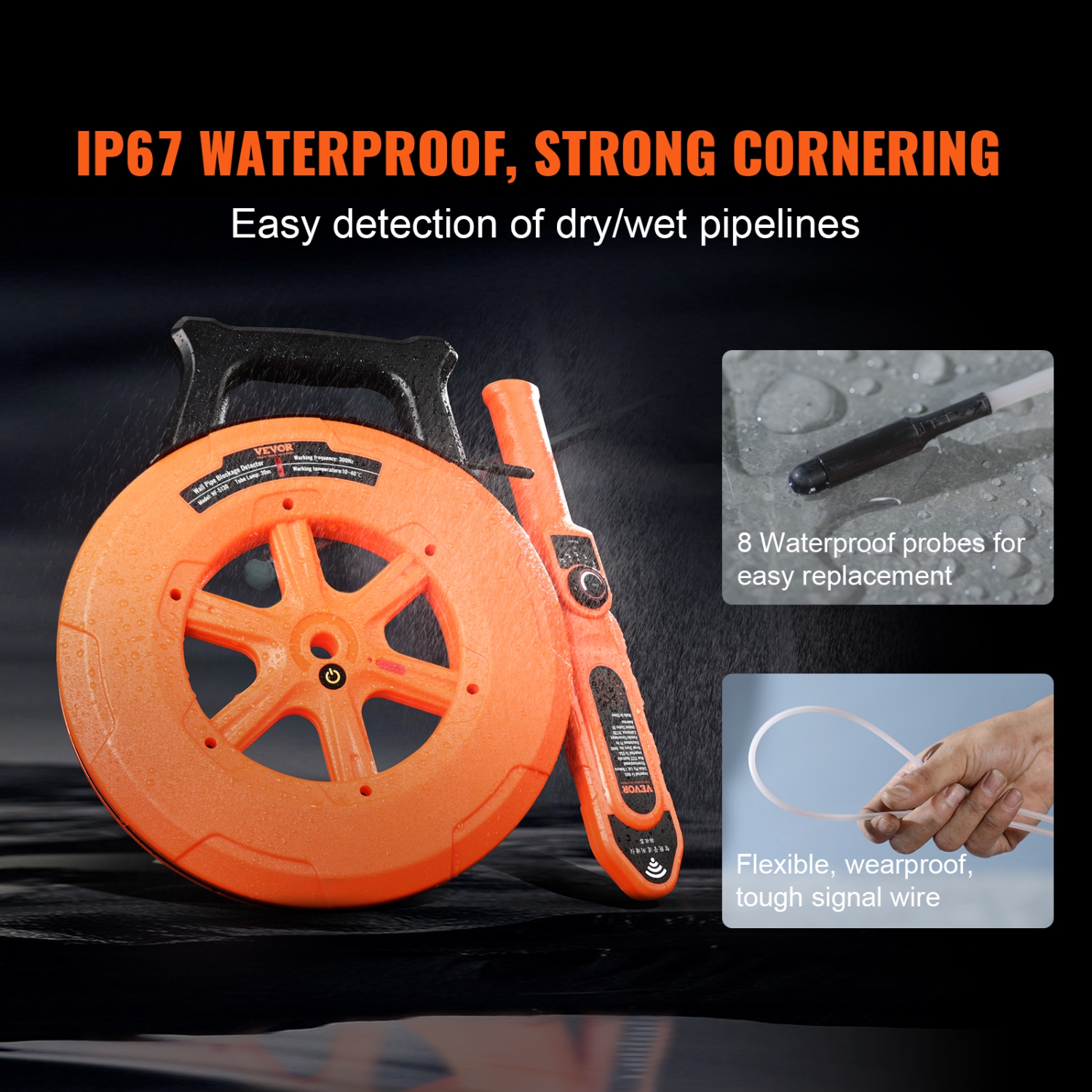 VEVOR 100ft/30m Pipe Locators, PVC Pipe Locators Underground, IP67 Waterproof Pipe Blockage Detector with Adjustable Sensitivity, Sewer Wall Scanner