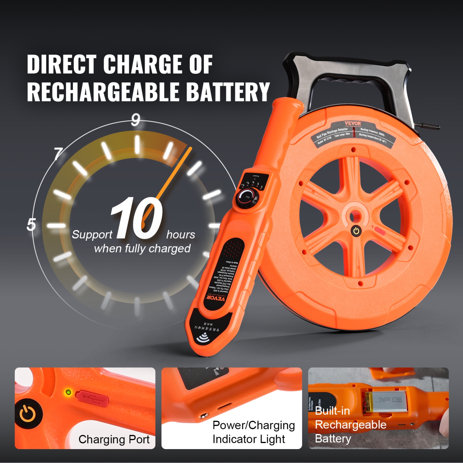 VEVOR 100ft/30m Pipe Locators, PVC Pipe Locators Underground, IP67 Waterproof Pipe Blockage Detector with Adjustable Sensitivity, Sewer Wall Scanner