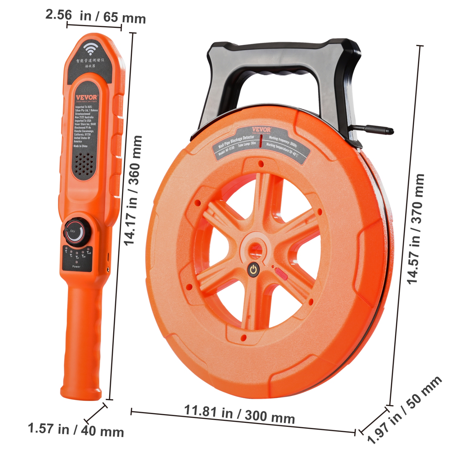 VEVOR 100ft/30m Pipe Locators, PVC Pipe Locators Underground, IP67 Waterproof Pipe Blockage Detector with Adjustable Sensitivity, Sewer Wall Scanner