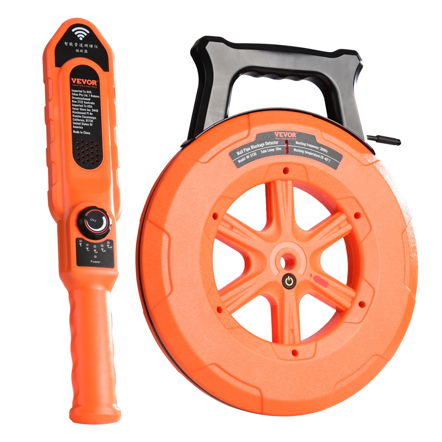 VEVOR 100ft/30m Pipe Locators, PVC Pipe Locators Underground, IP67 Waterproof Pipe Blockage Detector with Adjustable Sensitivity, Sewer Wall Scanner