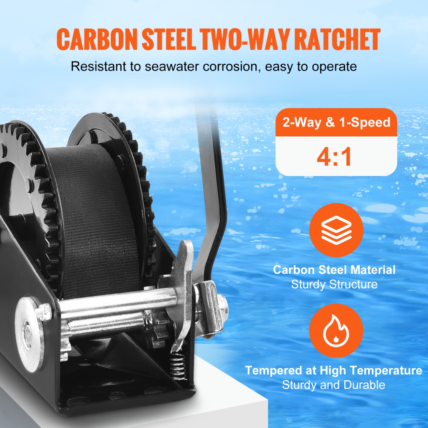 VEVOR Hand Winch, 2000 lbs Pulling Capacity, Boat Trailer Winch Heavy Duty Rope Crank with 23 ft Polyester Strap and Two-Way Ratchet, Manual Operated