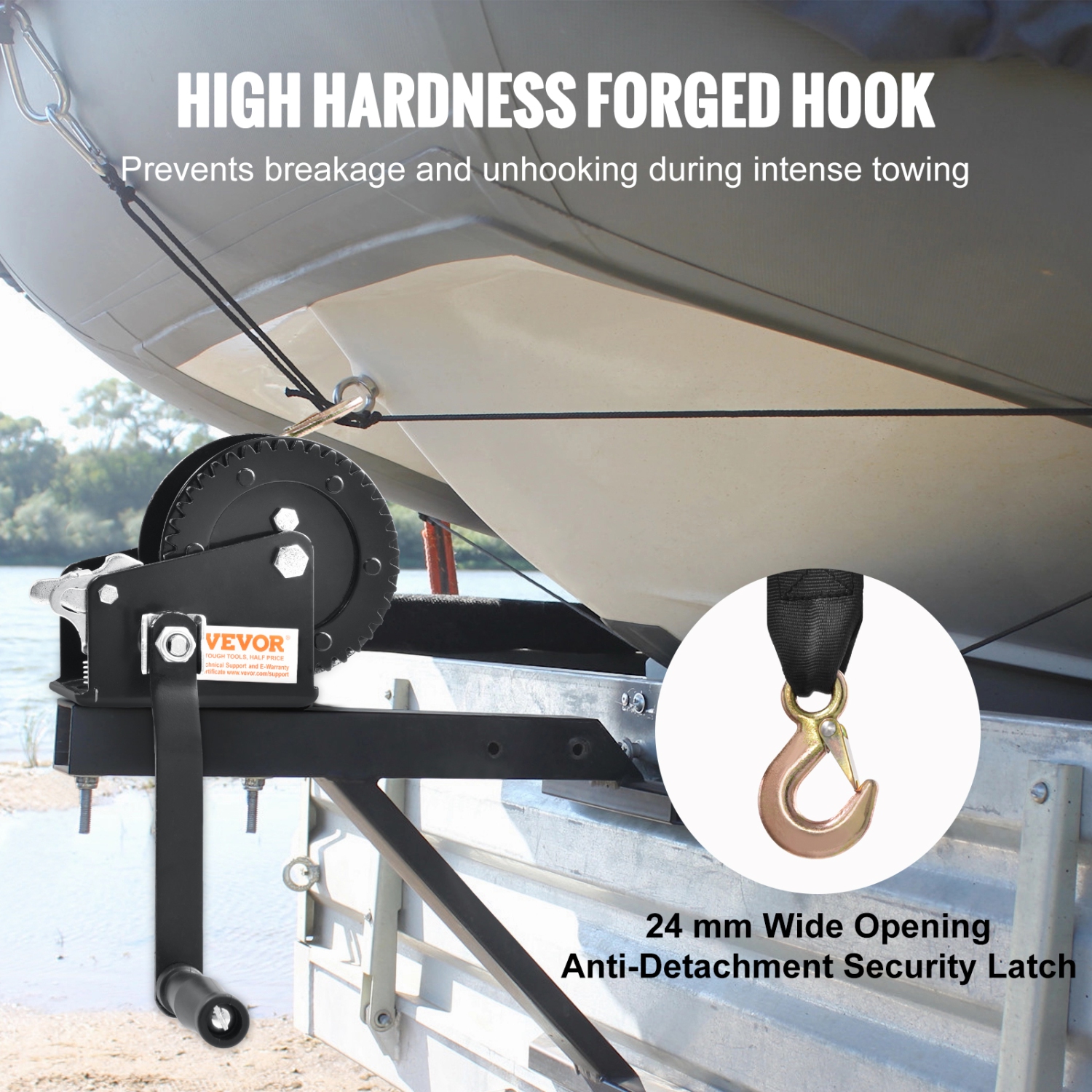 VEVOR Hand Winch, 2000 lbs Pulling Capacity, Boat Trailer Winch Heavy Duty Rope Crank with 23 ft Polyester Strap and Two-Way Ratchet, Manual Operated