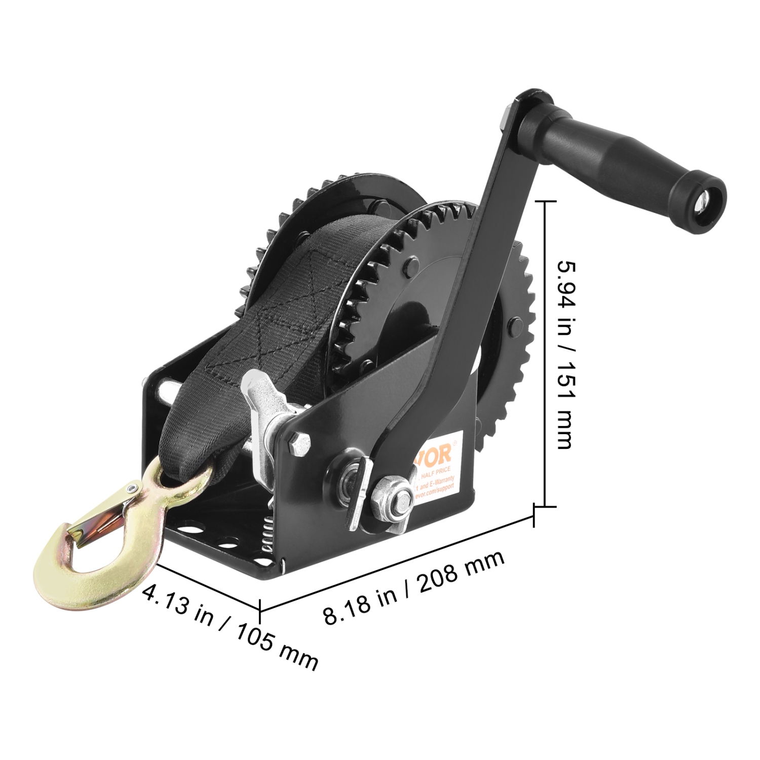 VEVOR Hand Winch, 2000 lbs Pulling Capacity, Boat Trailer Winch Heavy Duty Rope Crank with 23 ft Polyester Strap and Two-Way Ratchet, Manual Operated