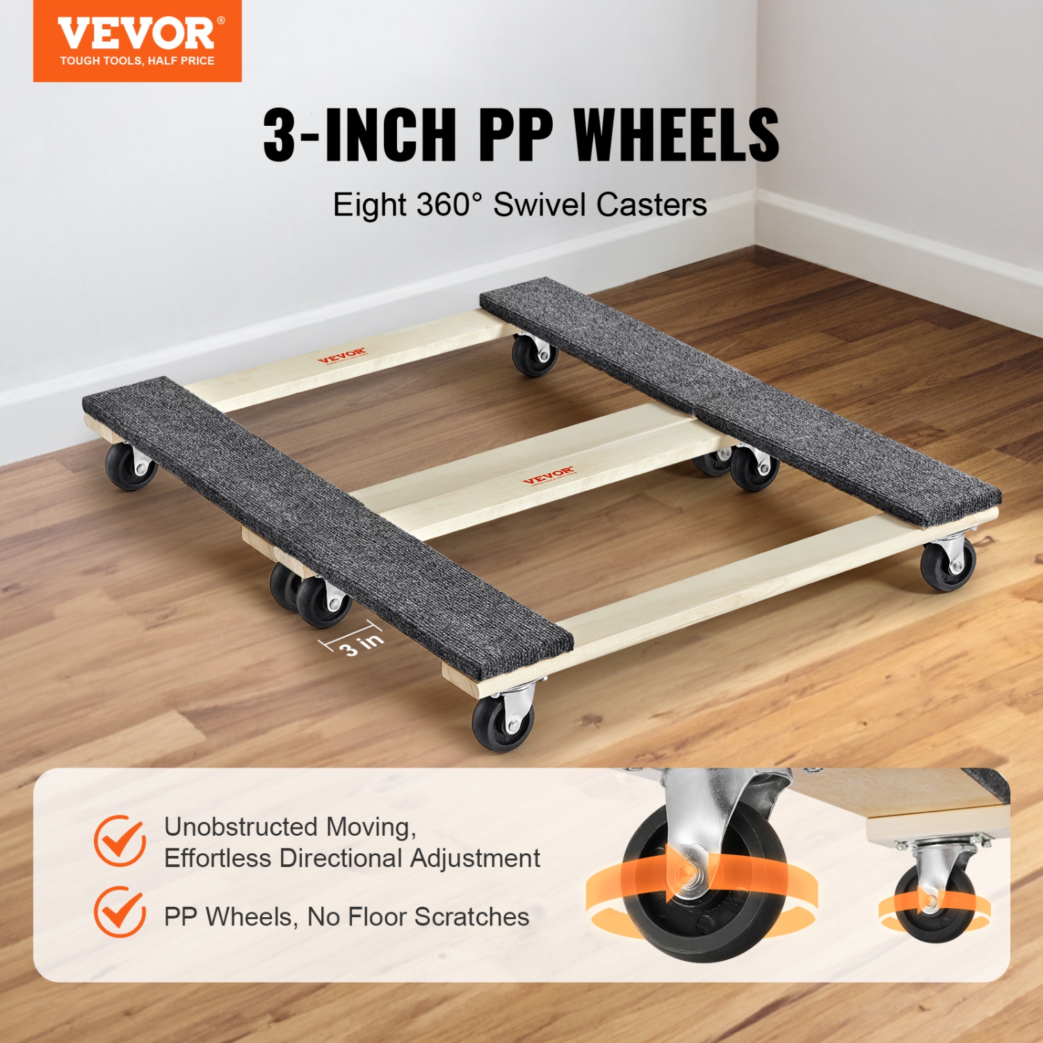 VEVOR 18" x 30" Furniture Dolly, 1000 lbs Each Load Capacity, 2 Packs, 8 x 3" PP Swivel Casters, Heavy Duty Hardwood Furniture Moving Dolly, Mover's