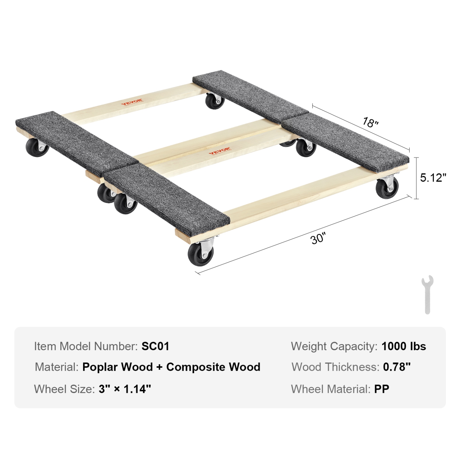 VEVOR 18" x 30" Furniture Dolly, 1000 lbs Each Load Capacity, 2 Packs, 8 x 3" PP Swivel Casters, Heavy Duty Hardwood Furniture Moving Dolly, Mover's