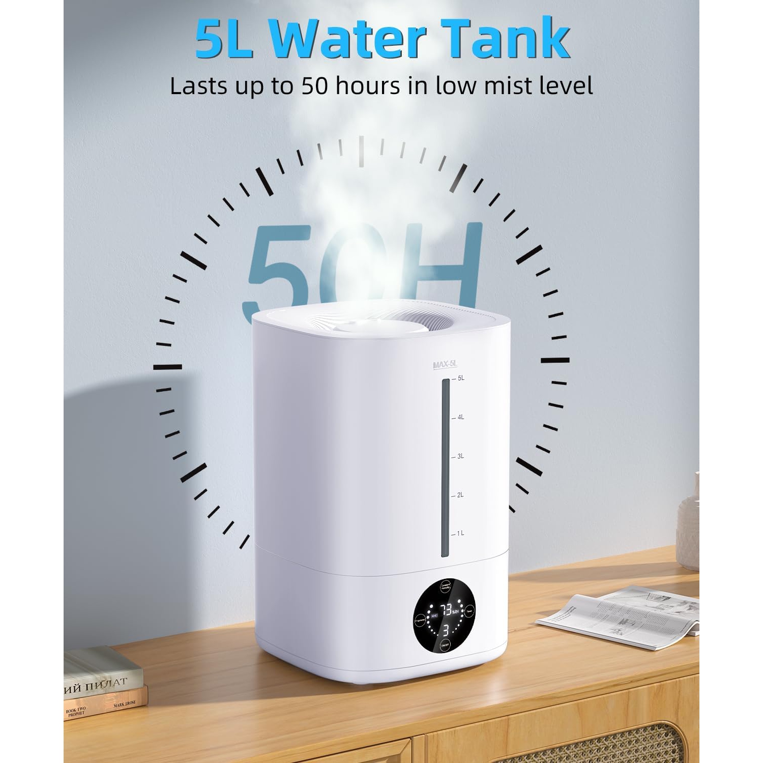 Bedroom humidifier, silent air humidifier, 50 hours, ultrasonic humidifier, easy to fill and clean