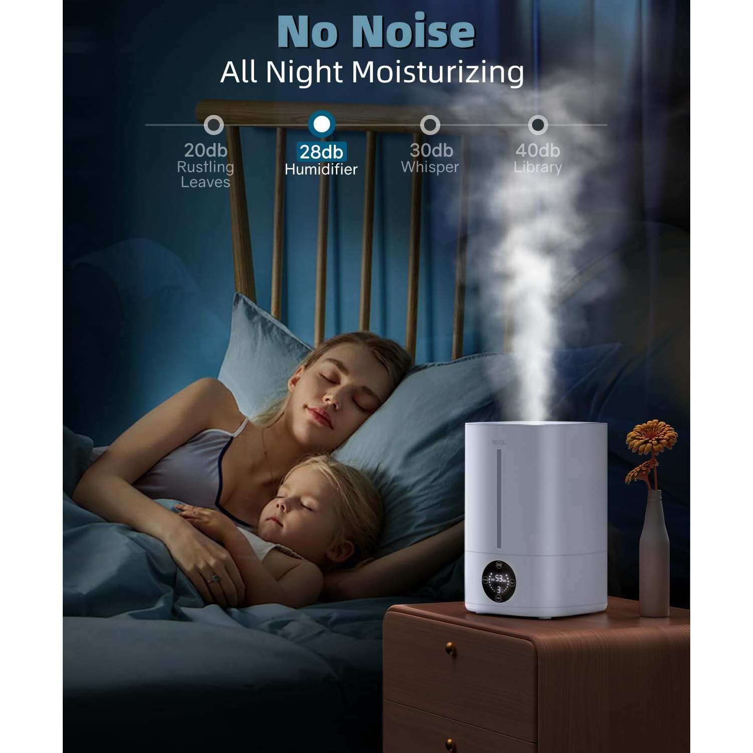 Bedroom humidifier, silent air humidifier, 50 hours, ultrasonic humidifier, easy to fill and clean