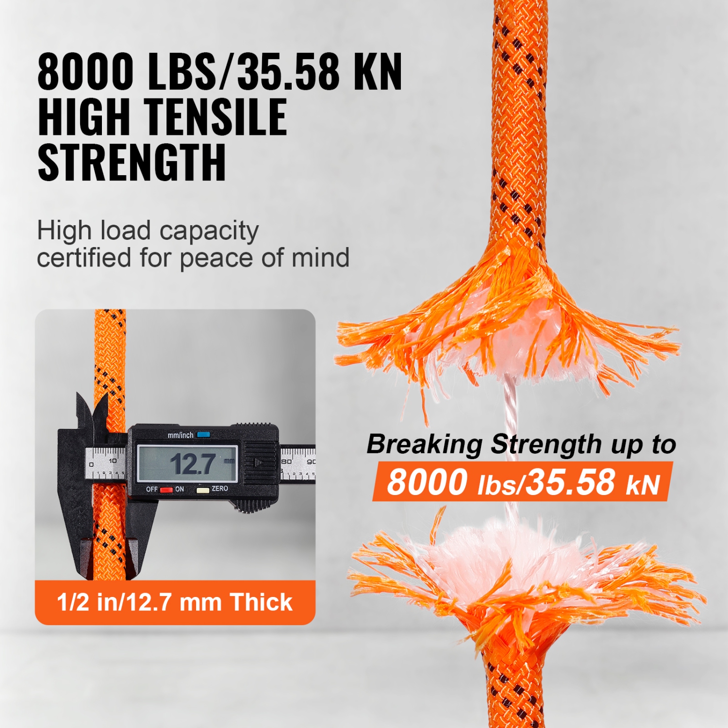 VEVOR 1/2 inch by 120 feet Dual Twisted Polyester Cord, 48-Strand, 8000 LBS Tensile Strength, Multi-Use Rope for Arborist Activities, Hiking,