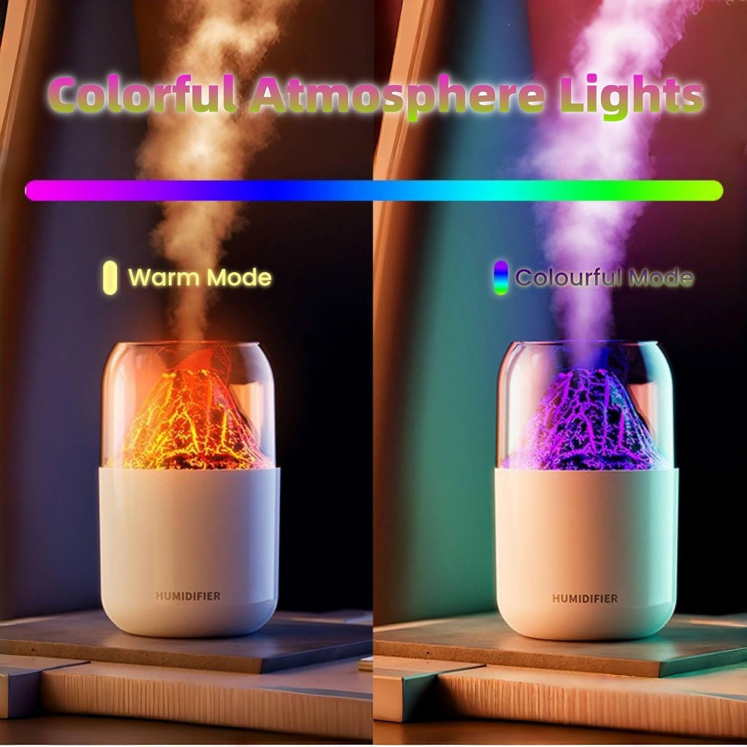 Mist humidifier, crack volcano humidifier usb silent large fog volume colorful atmosphere light home bedroom