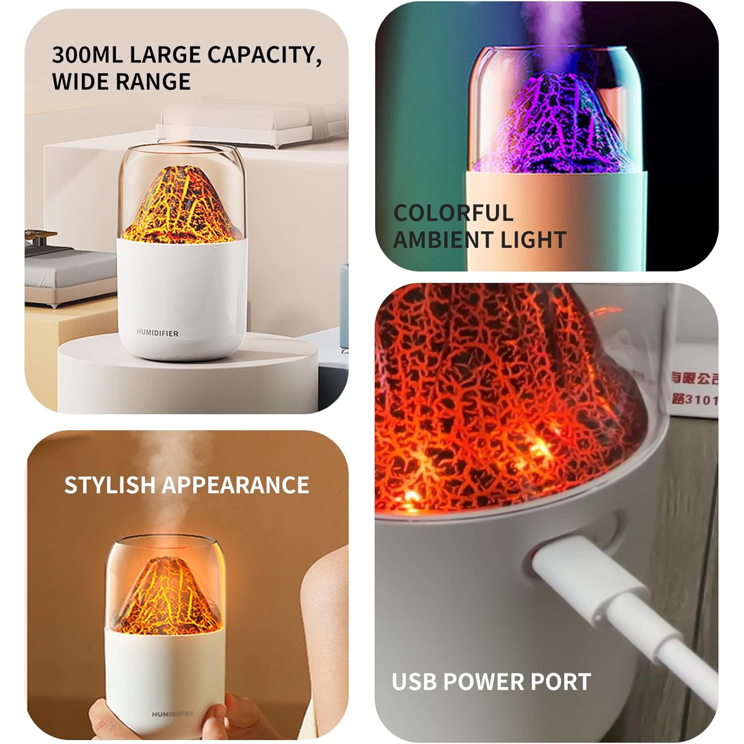 Volcano Humidifier USB Silent Large Mist Portable Mini Humidifier with Color LED Night Light, USB Personal Desktop Humidifier