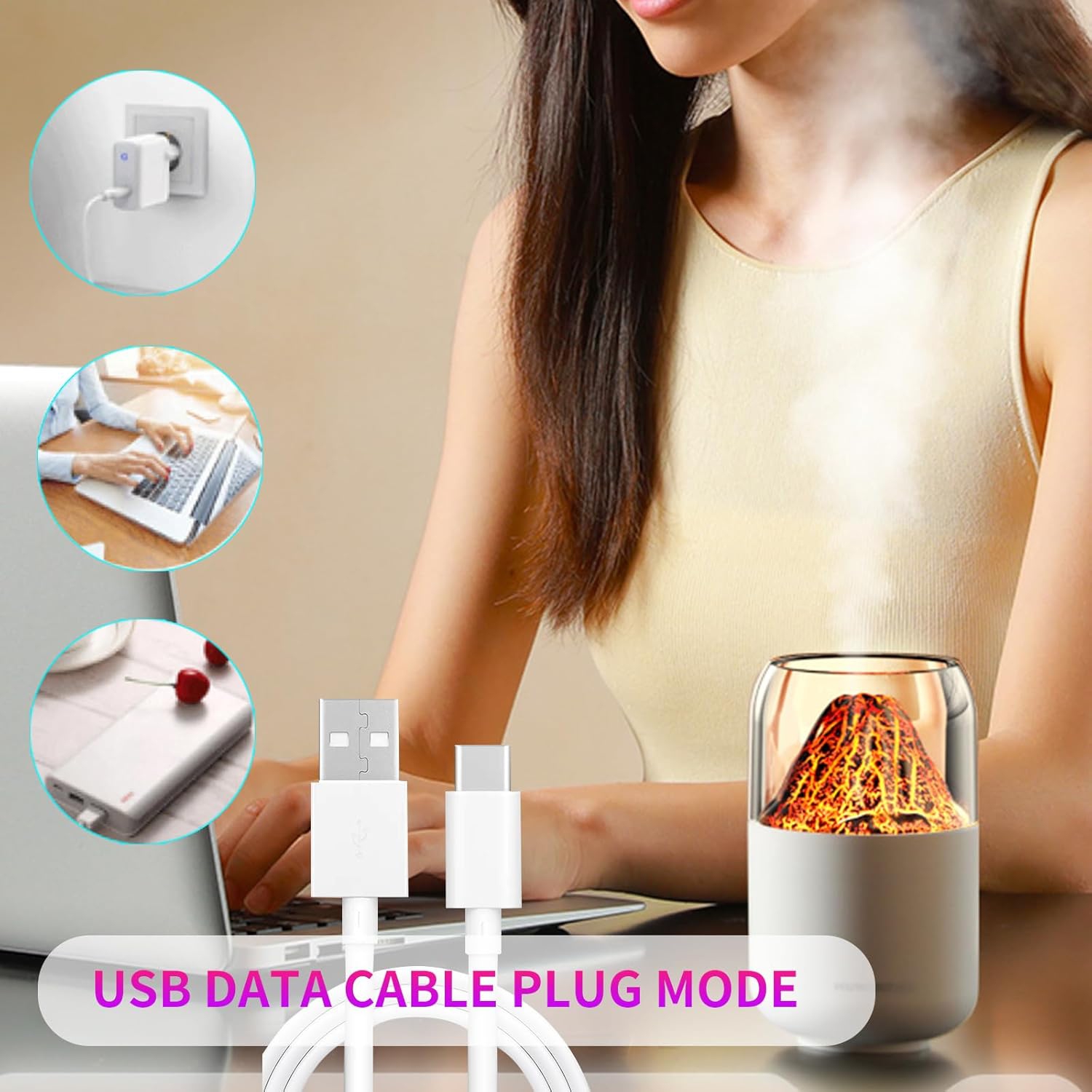 Volcano Humidifier USB Silent Large Mist Portable Mini Humidifier with Color LED Night Light, USB Personal Desktop Humidifier