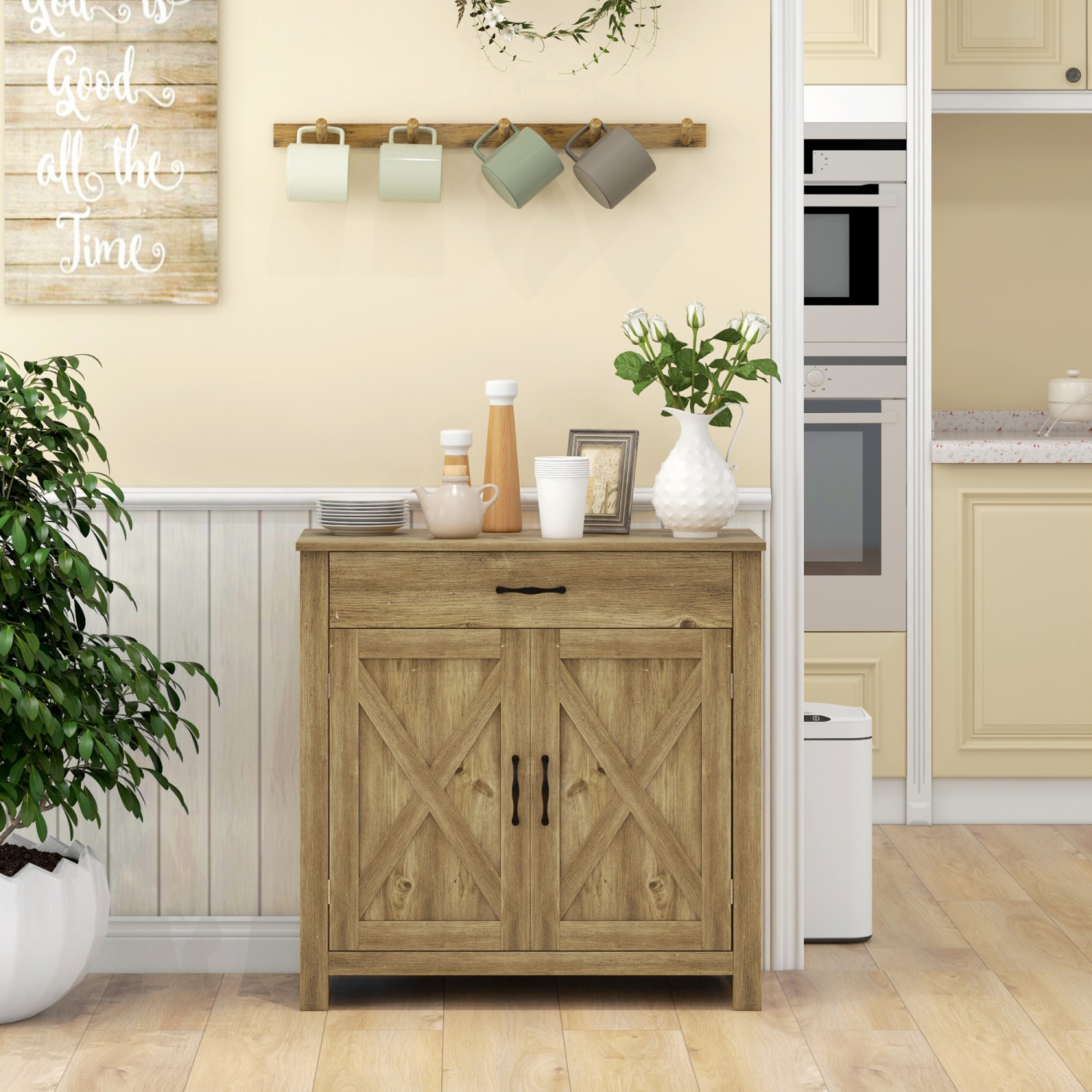 HOMCOM – Armoire de buffet Farmhouse avec rangement, armoire d'appoint avec portes de grange, tiroir et tablette réglable, bois naturel