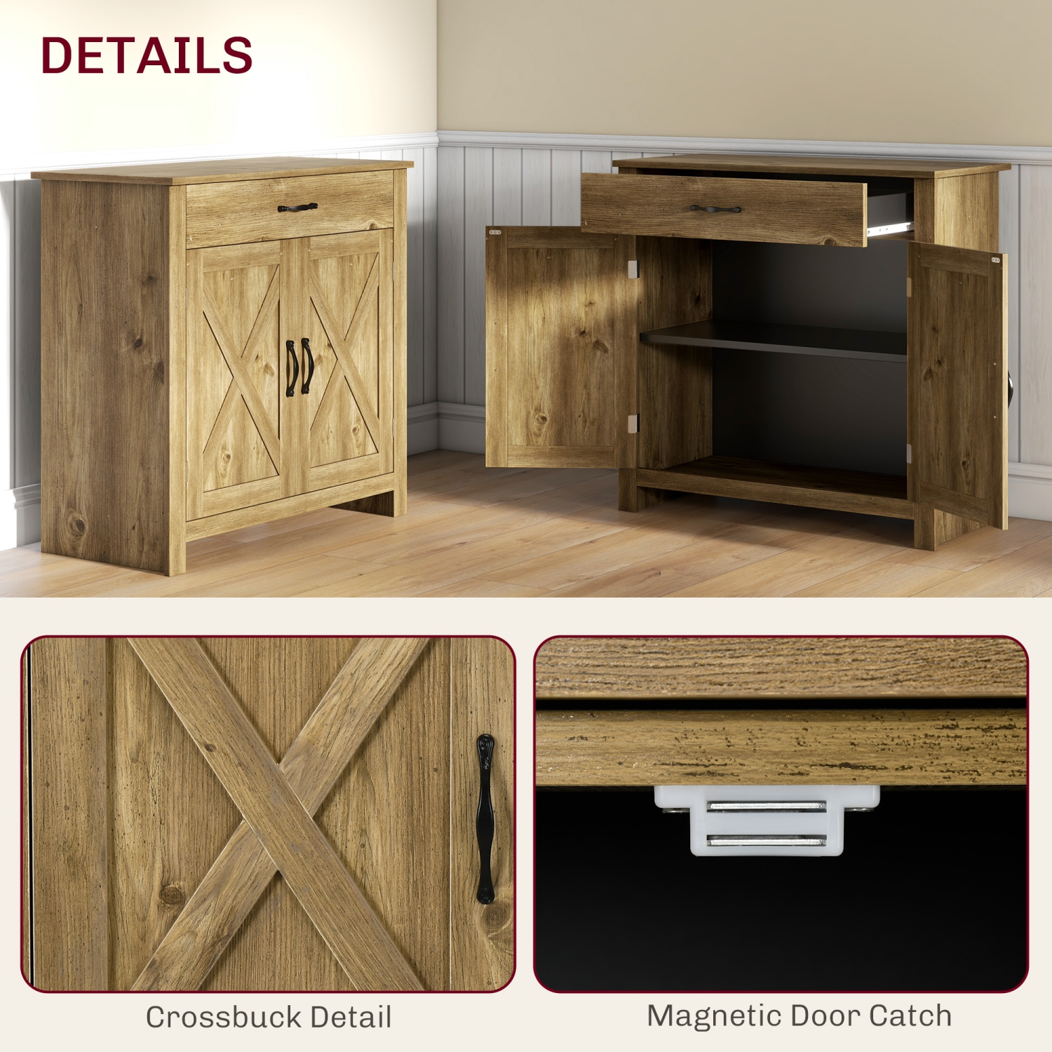 HOMCOM – Armoire de buffet Farmhouse avec rangement, armoire d'appoint avec portes de grange, tiroir et tablette réglable, bois naturel