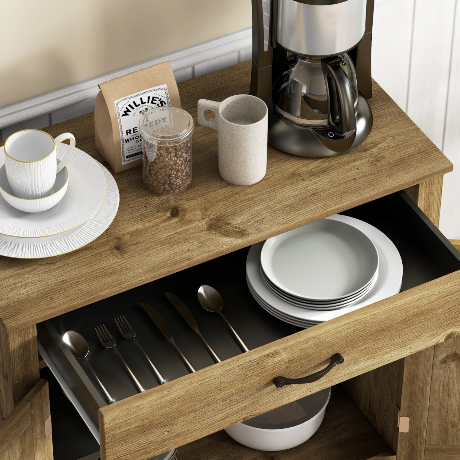 HOMCOM – Armoire de buffet Farmhouse avec rangement, armoire d'appoint avec portes de grange, tiroir et tablette réglable, bois naturel