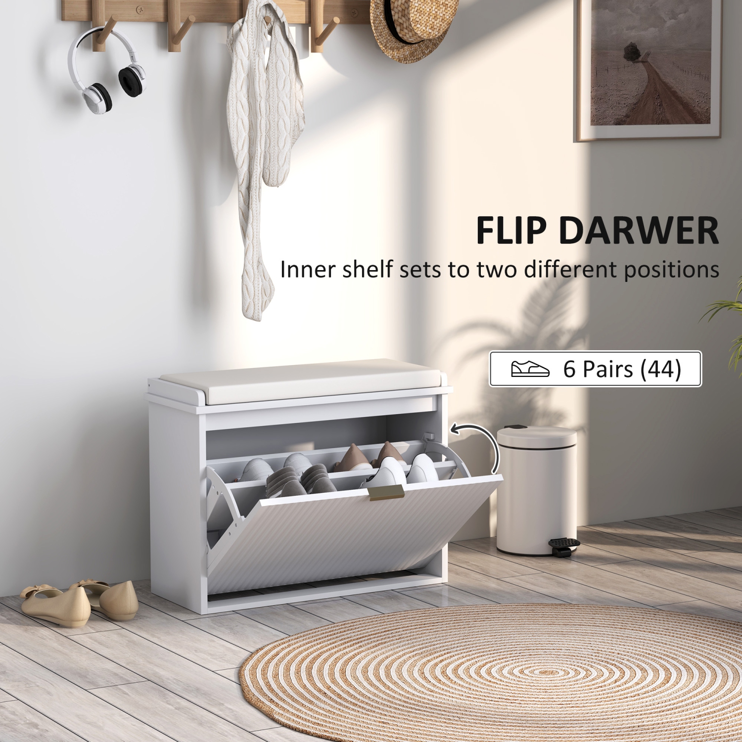 HOMCOM Shoe Bench with Padded Seat Cushion and Flip-Drawer, Entryway Bench Holds up to 265lb, Shoe Organizer for Living Room, Holds 6 Pairs, 24.4 x