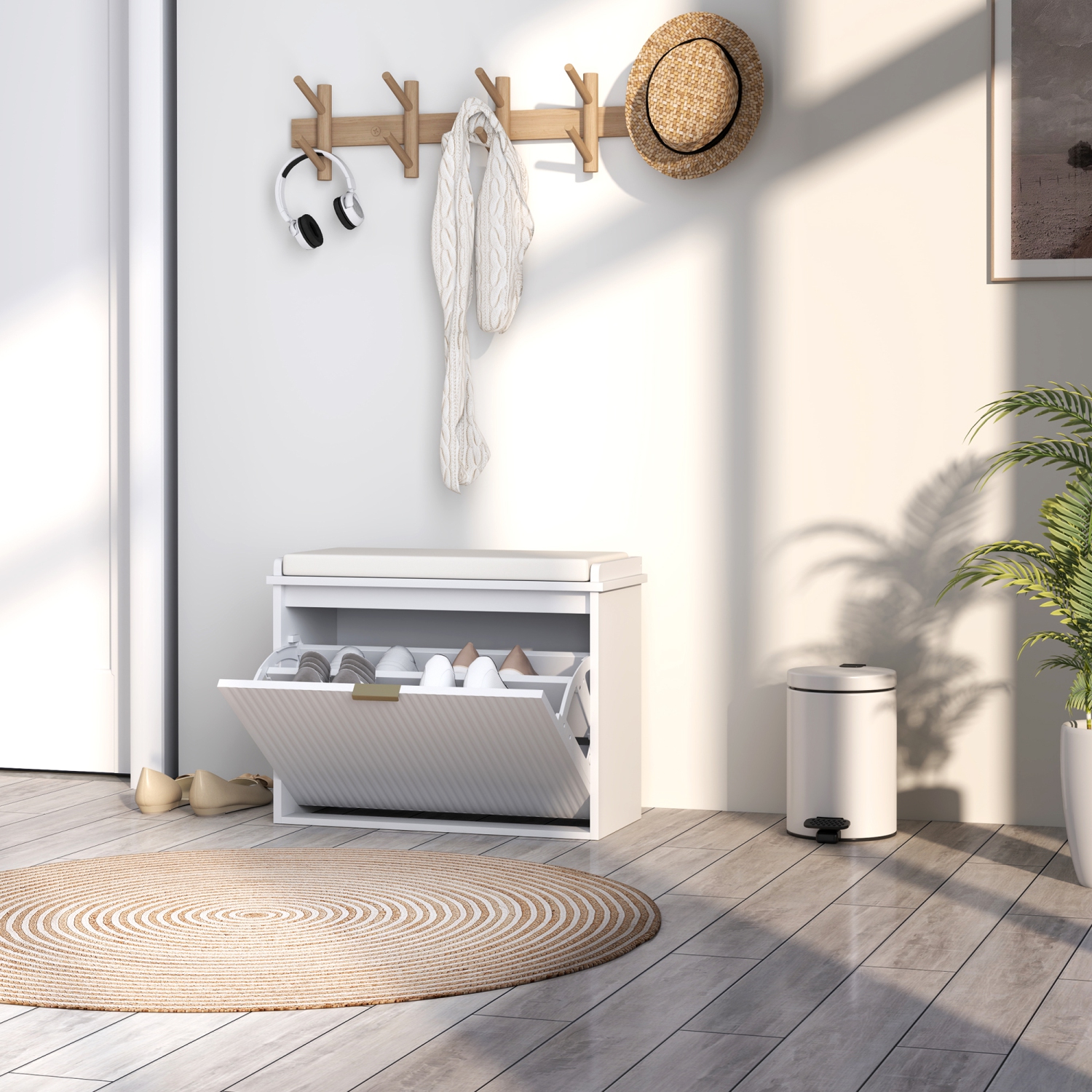 HOMCOM Shoe Bench with Padded Seat Cushion and Flip-Drawer, Entryway Bench Holds up to 265lb, Shoe Organizer for Living Room, Holds 6 Pairs, 24.4 x