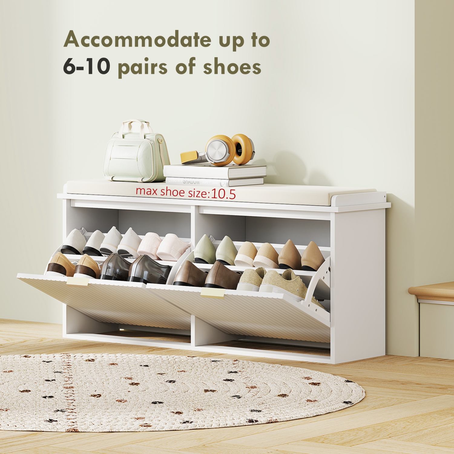 HOMCOM Shoe Bench with Padded Seat Cushion and Flip-Drawers, Entryway Bench Holds up to 529lb, Shoe Organizer for Living Room, Holds 10 Pairs, 40.9 x