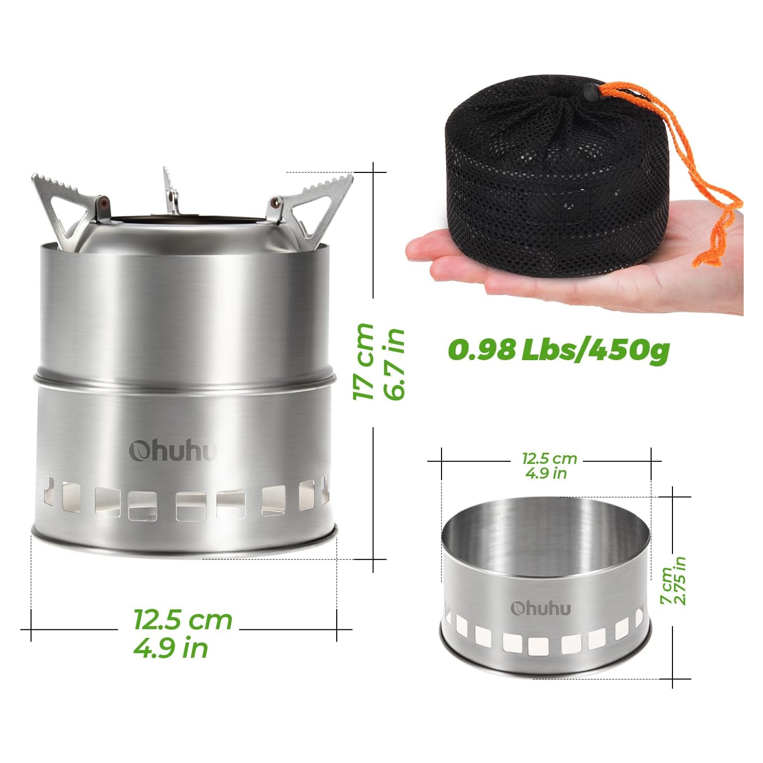 Mini Camping Stove with Grill Grid and Carry Bag, Camp Wood Stove Portable Stainless Steel Wood Burning Stove Backpacking Stove for Outdoor Picnic