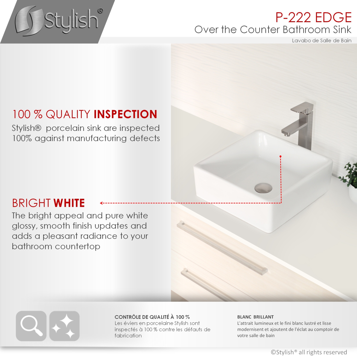 Évier de salle de bain carré en porcelaine – Blanc