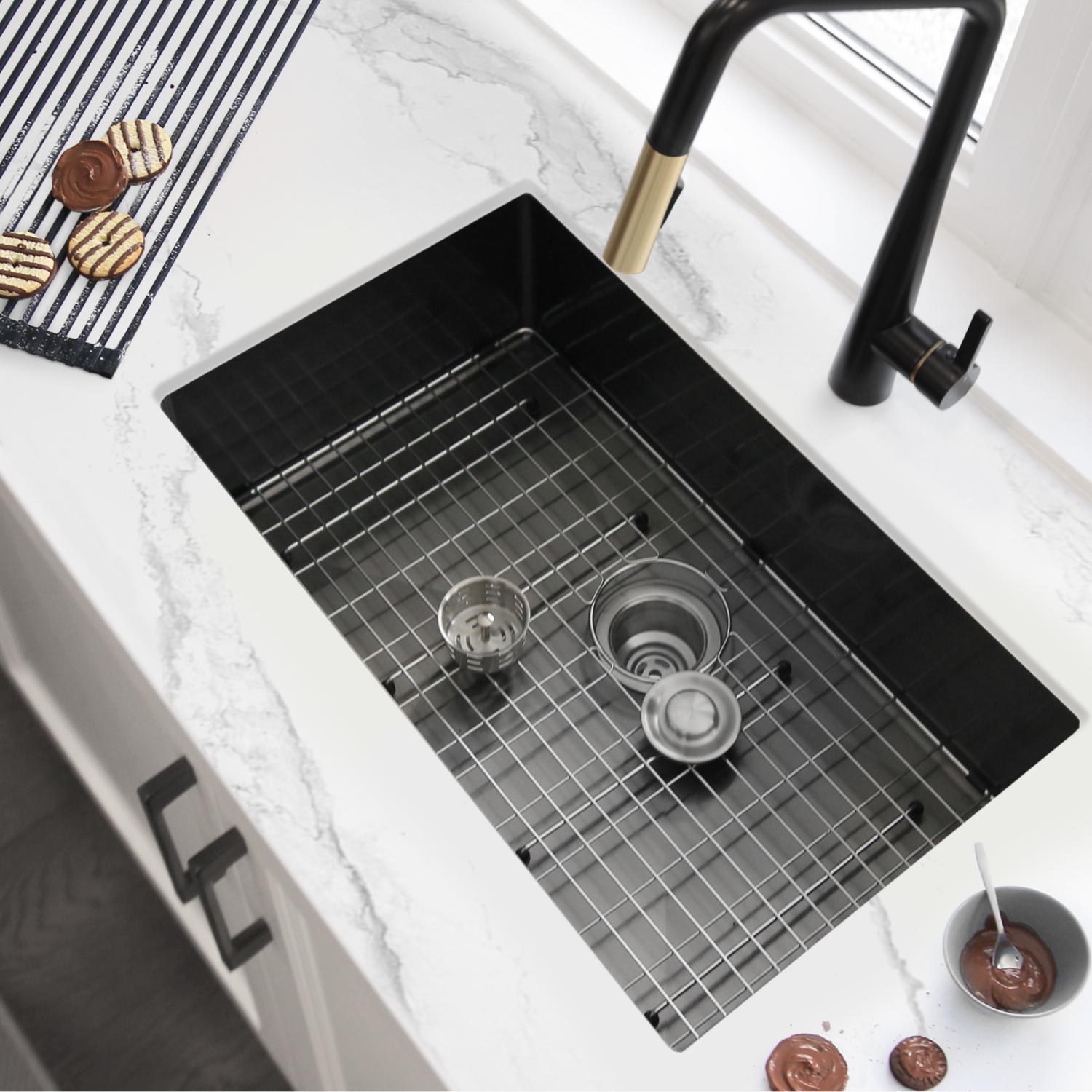STYLISH 30 inch Graphite Black Single Bowl Undermount Stainless Steel Kitchen Sink with Grid and Basket Strainer S-711XN
