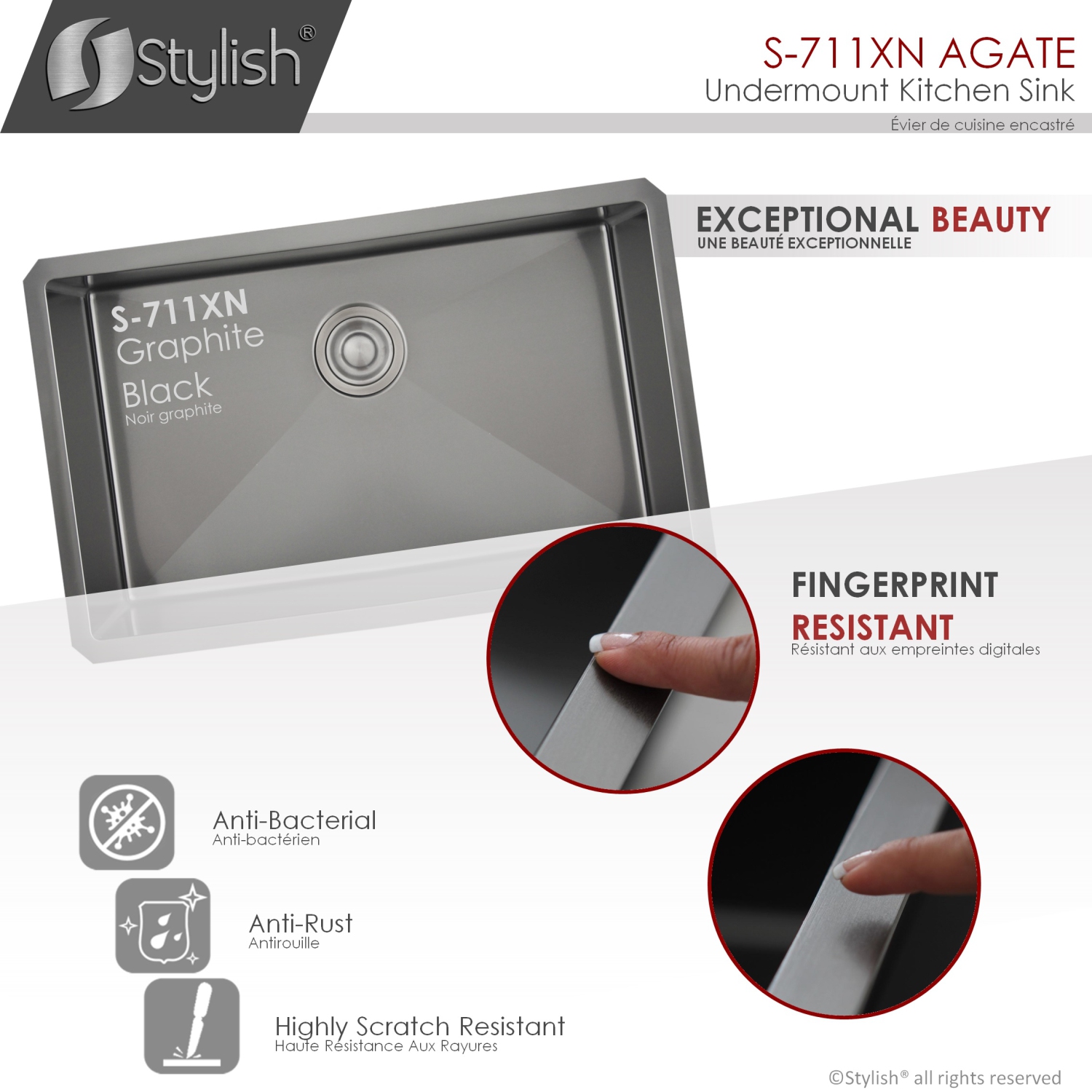 STYLISH 30 inch Graphite Black Single Bowl Undermount Stainless Steel Kitchen Sink with Grid and Basket Strainer S-711XN