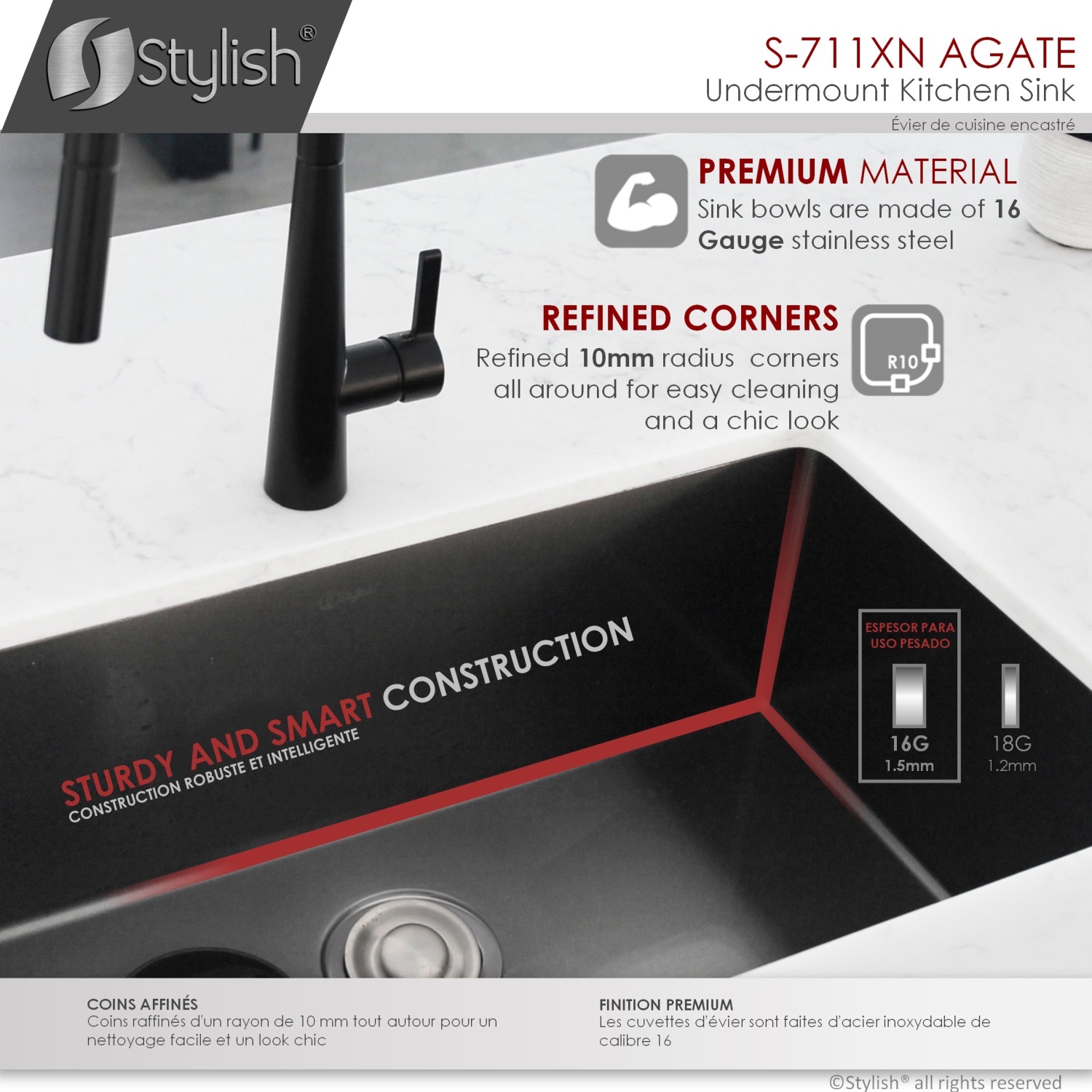 STYLISH 30 inch Graphite Black Single Bowl Undermount Stainless Steel Kitchen Sink with Grid and Basket Strainer S-711XN