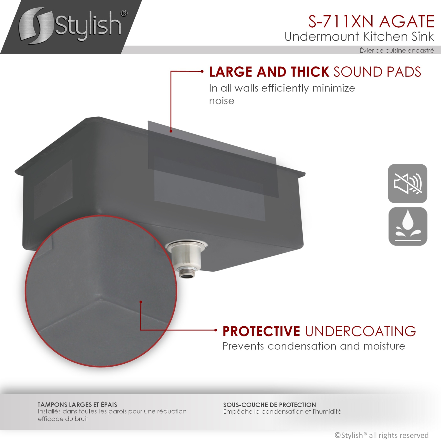 STYLISH 30 inch Graphite Black Single Bowl Undermount Stainless Steel Kitchen Sink with Grid and Basket Strainer S-711XN