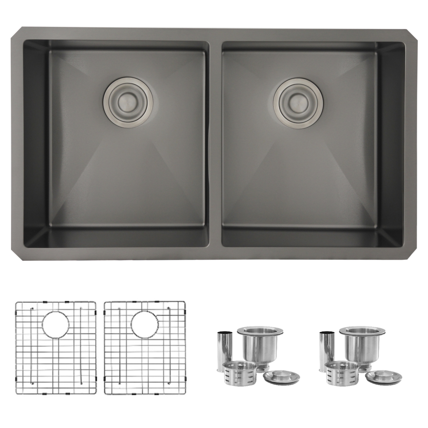 32 inch Graphite Black Double Bowl Undermount Stainless Steel Kitchen Sink with Grids and Basket Strainers S-701XN