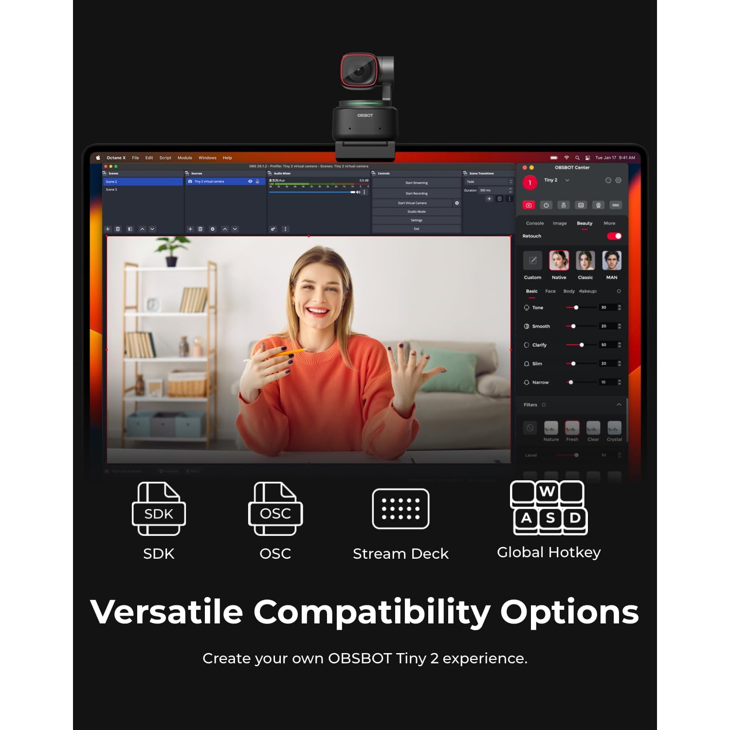 OBSBOT Tiny 2 4K Webcam with AI Tracking, Voice & Gesture Control, Auto Focus, HDR, and Multi-mode Streaming for PC and Meetings
