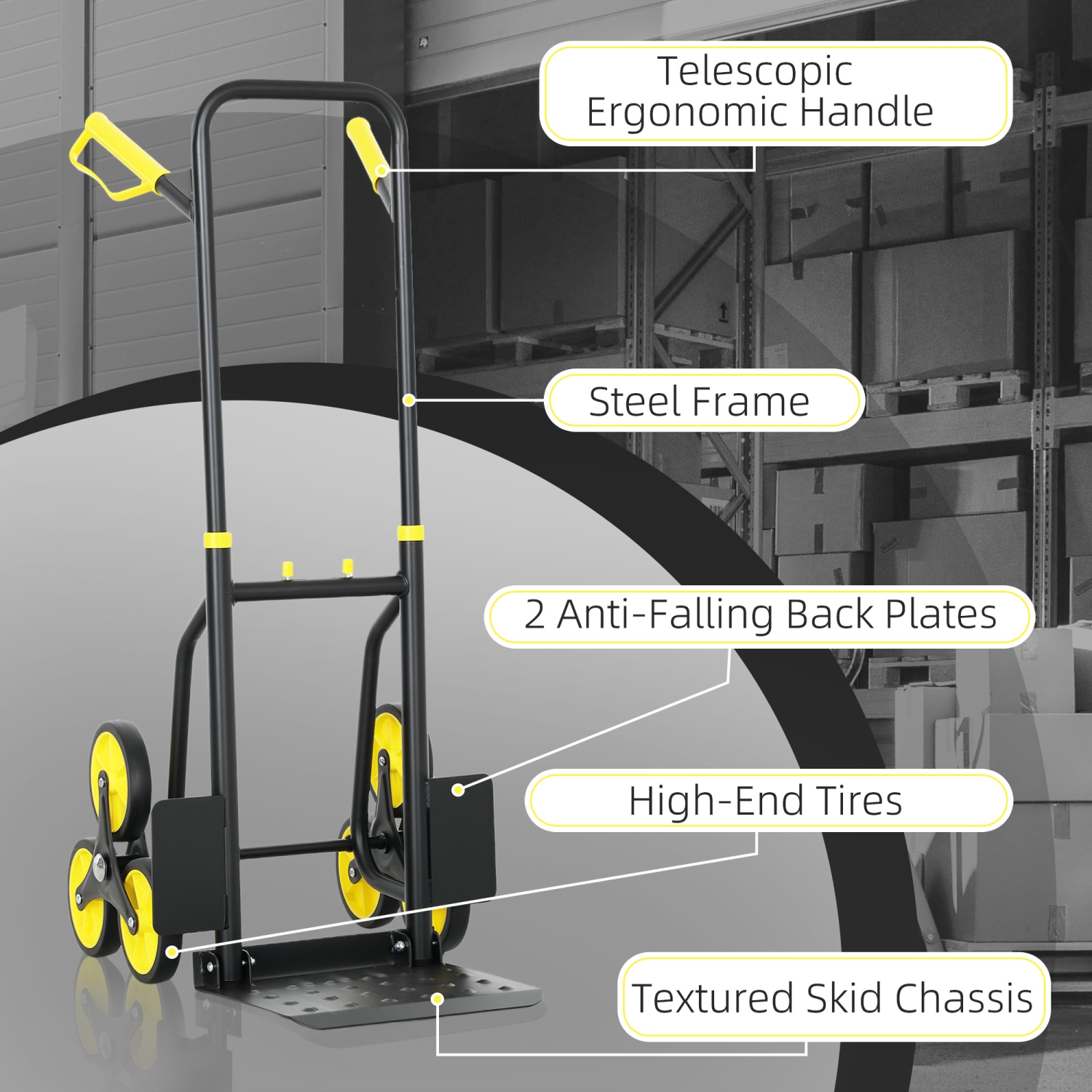 DURHAND 6-Wheels Stair Climber Hand Truck, Dolly Heavy Duty Folding Steel Load Cart with Adjustable Telescoping Handle for Moving, Luggage, 264lbs