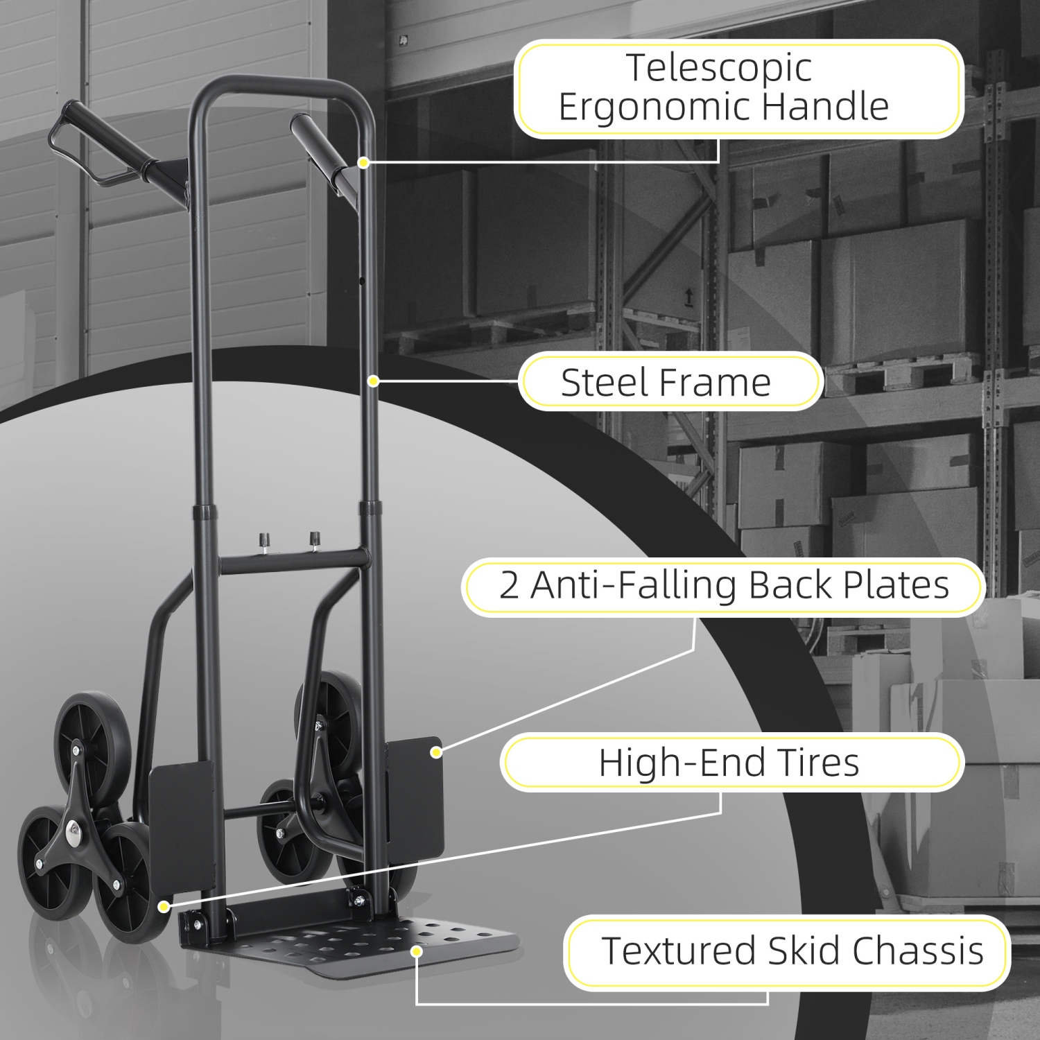 DURHAND 6-Wheels Stair Climber Hand Truck, Dolly Heavy Duty Folding Steel Load Cart with Adjustable Telescoping Handle for Moving, Luggage, 264lbs
