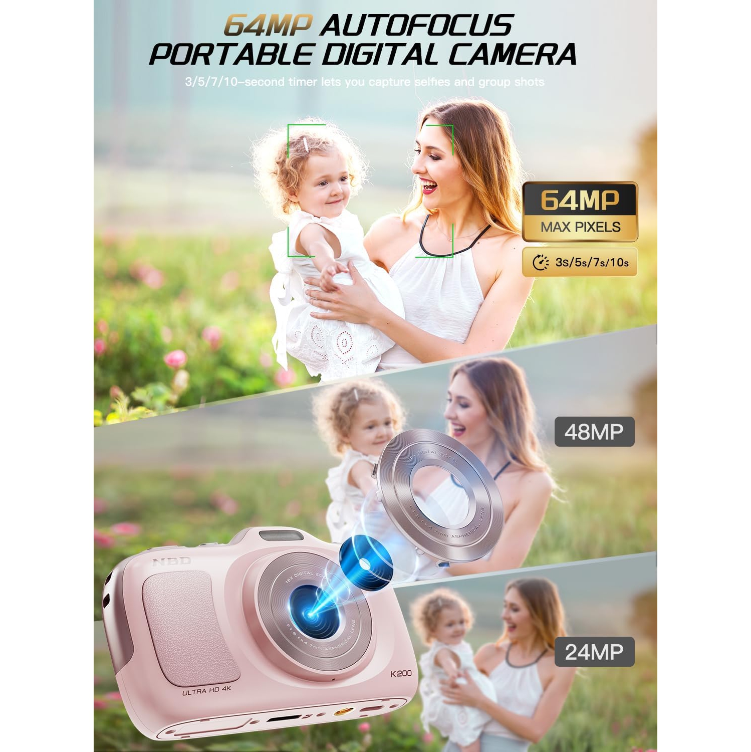 NBD 64MP Digital Cameras for Photography,4K Point and Shoot Camera,16X Zoom Compact Travel Cameras, Auto Focus for Beginners Teens Kids and Lover