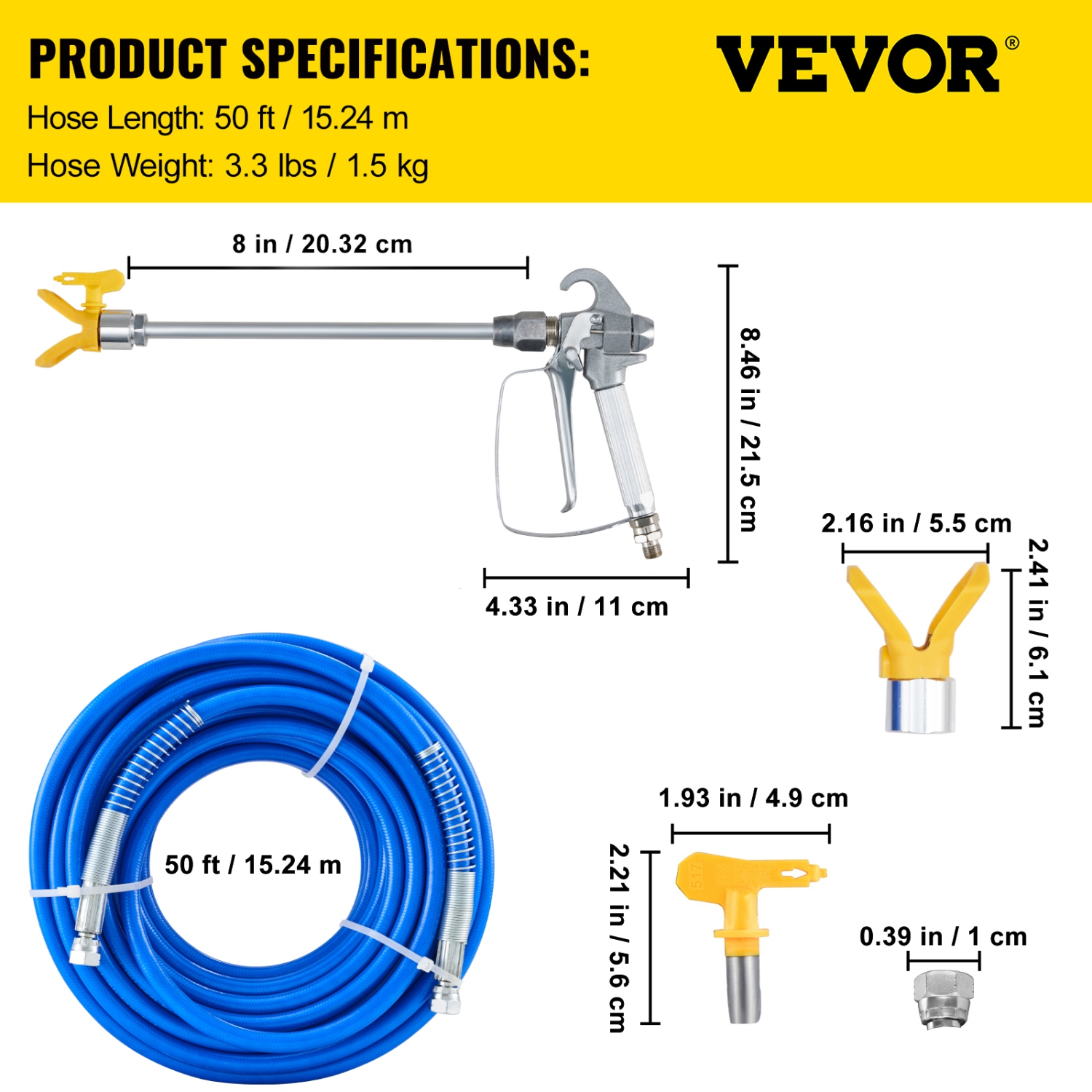 VEVOR 50ft 3600 psi Airless Paint Spray Hose Kit, High Pressure Fiber Tube with 8 inch Extension Rod Pole, Including 517 Tip and Tip Guard, 1/4"