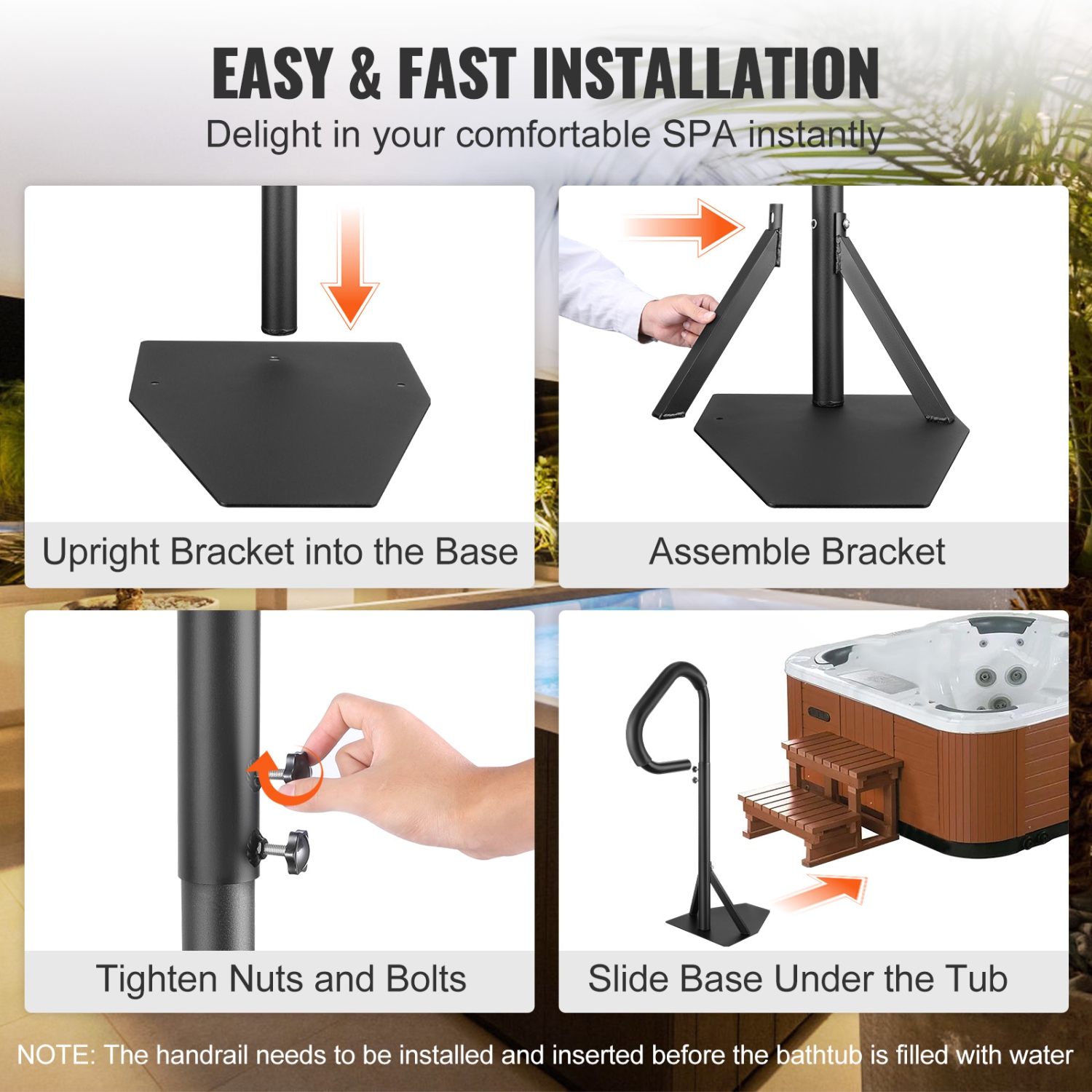 Barre d'appui pour spa VEVOR, 360 rampe latérale rotative pour spa avec hauteur réglable de 35 à 57&nbsp;po, rail en aluminium antirouille pour spa