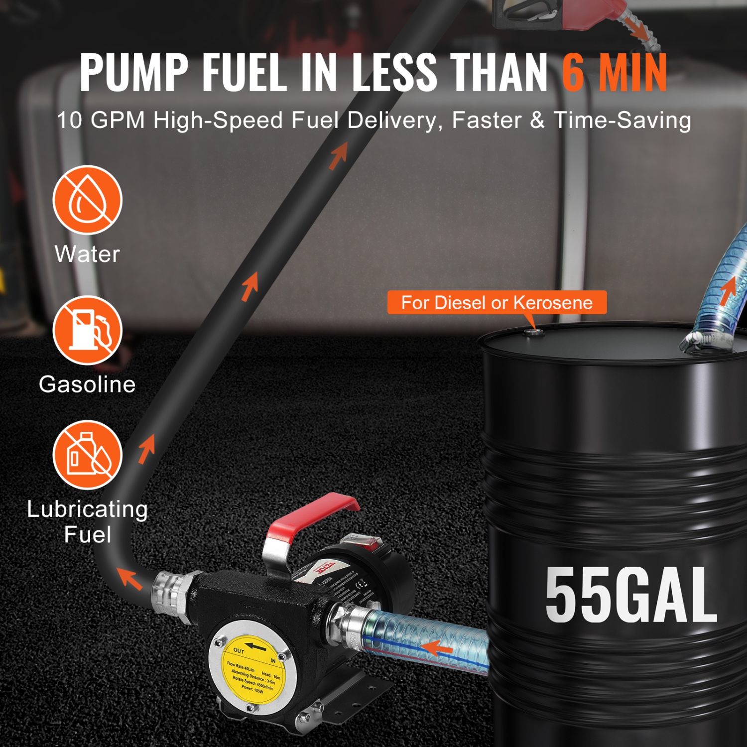 VEVOR 12V DC 10 GPM 1/4 HP, Portable Electric Diesel Transfer Pump with Automatic Shut-Off Fuel Nozzle, High Flow, Long Inlet & Outlet Hose for