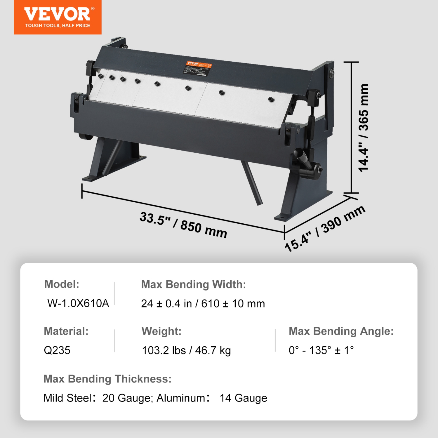 VEVOR 24-Inch Box and Pan Brake, 0-130 Degrees Sheet Metal Bending Brake, Metal Bender with 20 Gauge Low Carbon Steel 14 Gauge Aluminum Capacity, 5