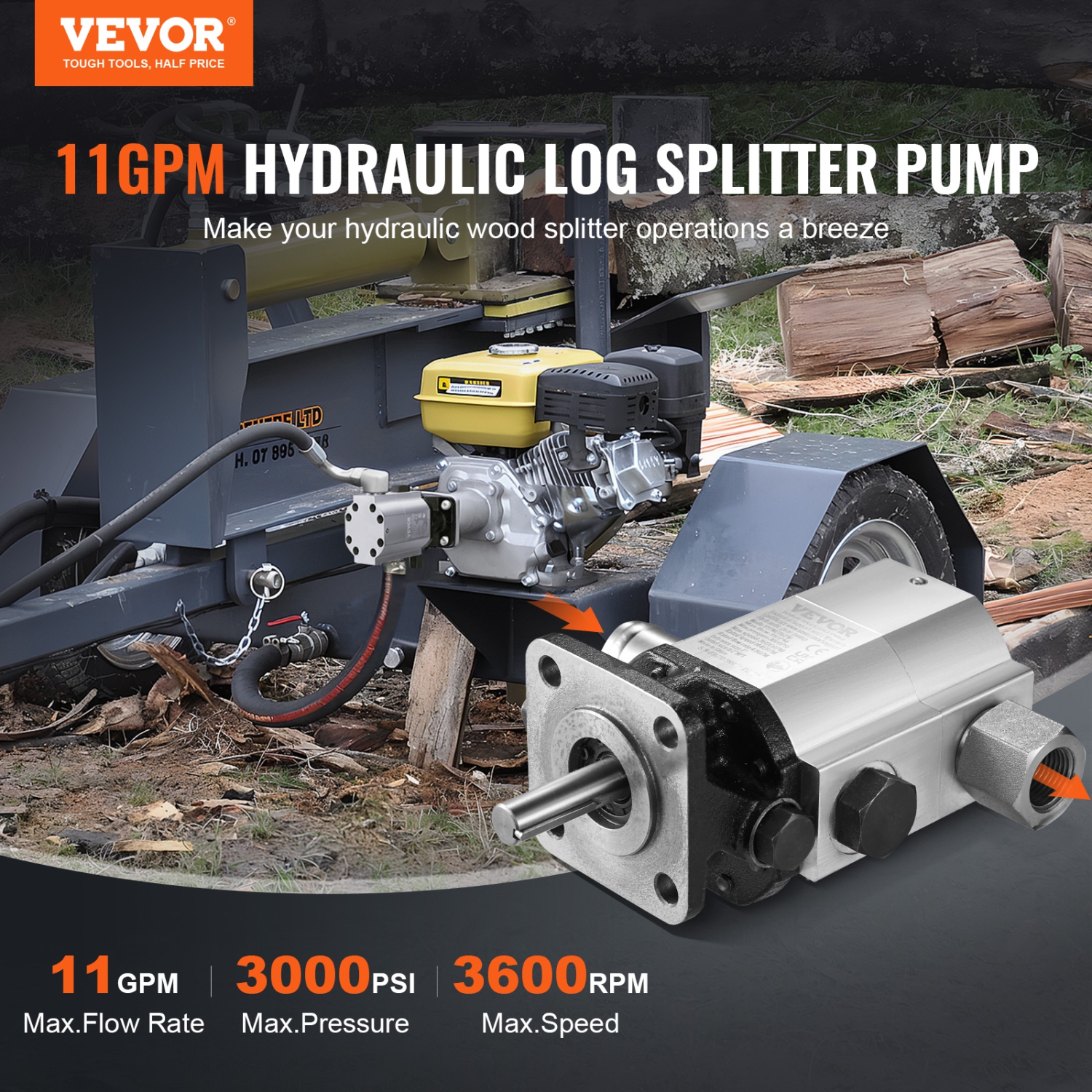 VEVOR 11GPM Hydraulic Log Splitter Pump, 2 Stage 3000PSI Wood Log Splitter Pump,1'' Inlet 1/2'' NPT Outlet 3600 RPM Hydraulic Gear Pump, for Engine