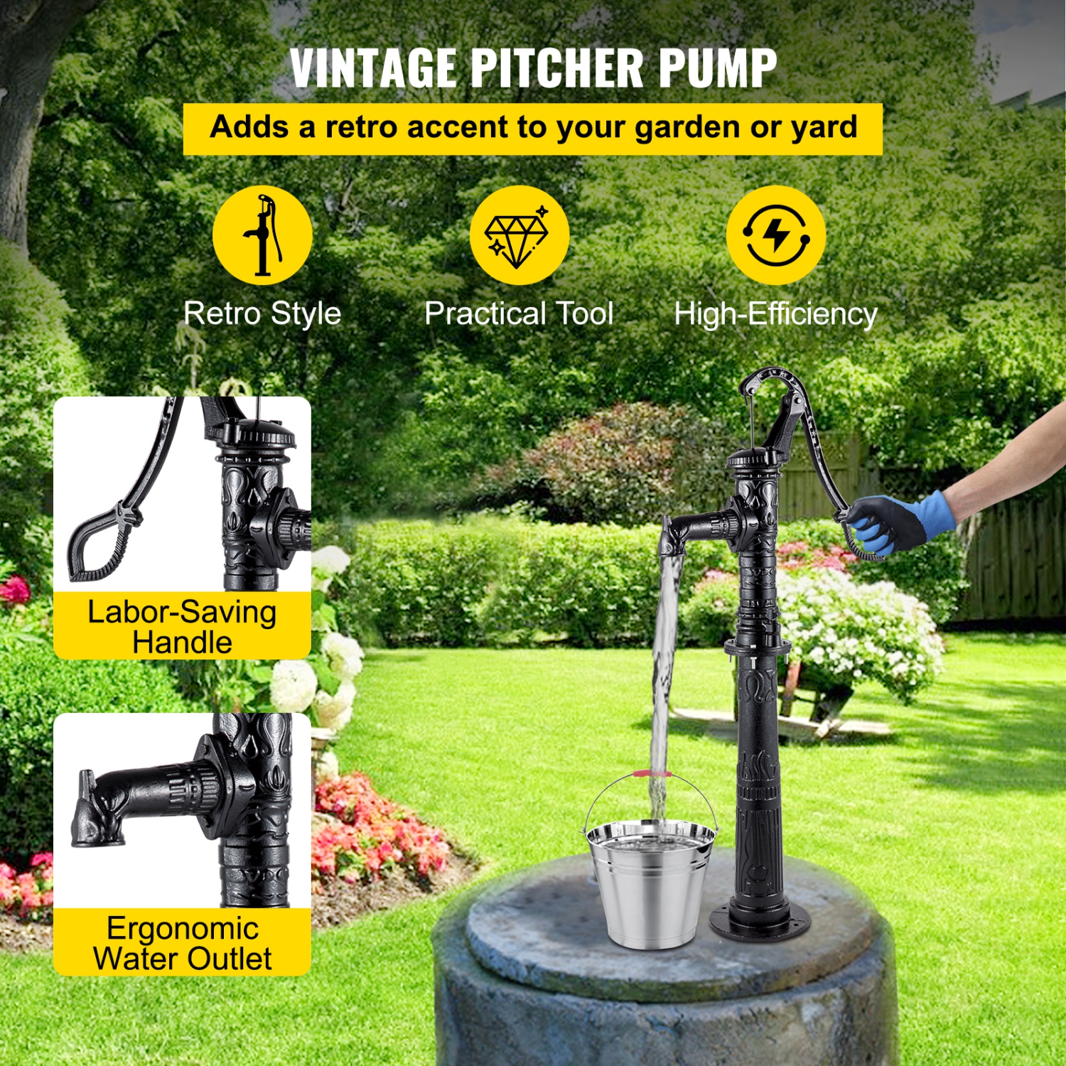 VEVOR 15.7 x 9.4 x 53.1 inch Hand Water Pump with Stand, Pitcher Pump & 26 inch Pump Stand with Pre-set 1/2" Holes for Easy Installation, Rustic Cast