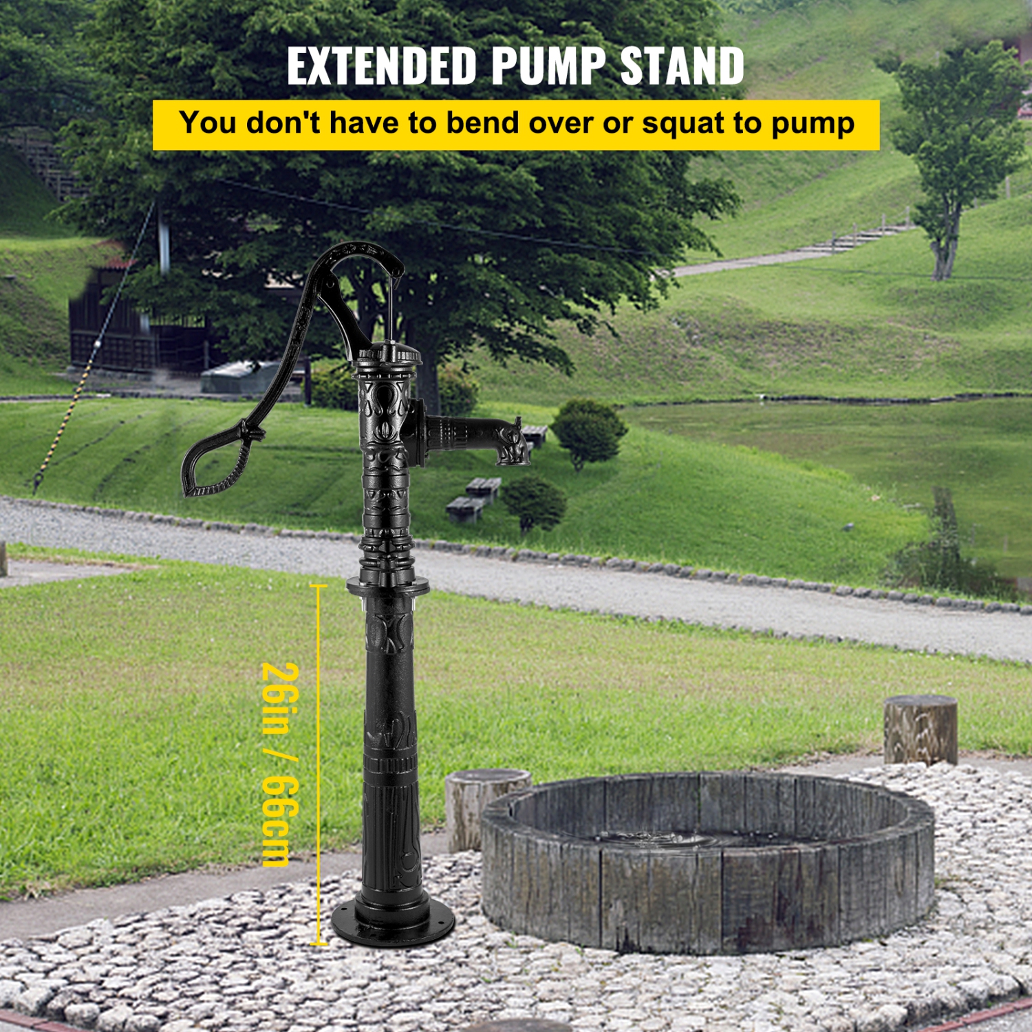 VEVOR 15.7 x 9.4 x 53.1 inch Hand Water Pump with Stand, Pitcher Pump & 26 inch Pump Stand with Pre-set 1/2" Holes for Easy Installation, Rustic Cast