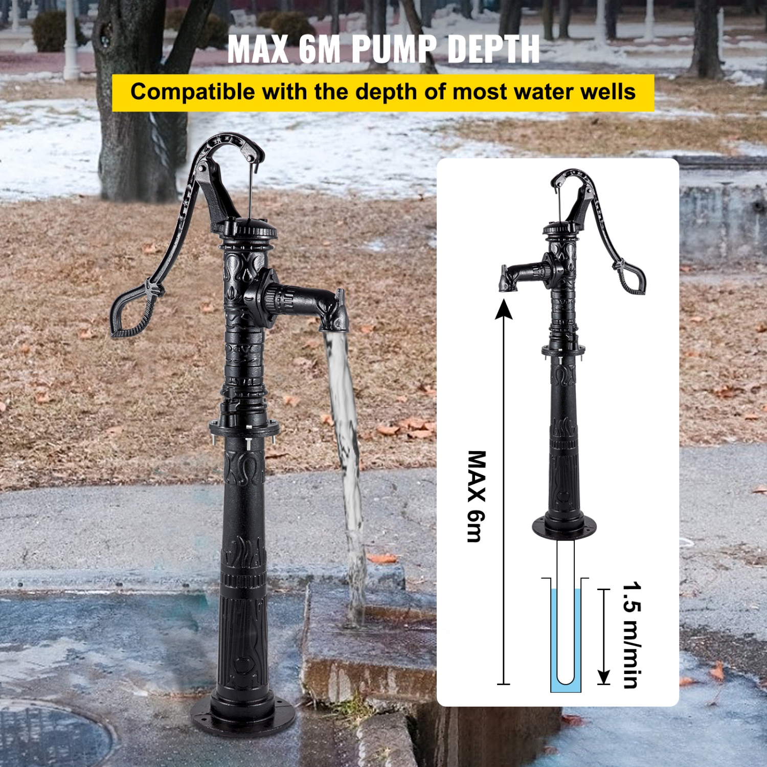 VEVOR 15.7 x 9.4 x 53.1 inch Hand Water Pump with Stand, Pitcher Pump & 26 inch Pump Stand with Pre-set 1/2" Holes for Easy Installation, Rustic Cast