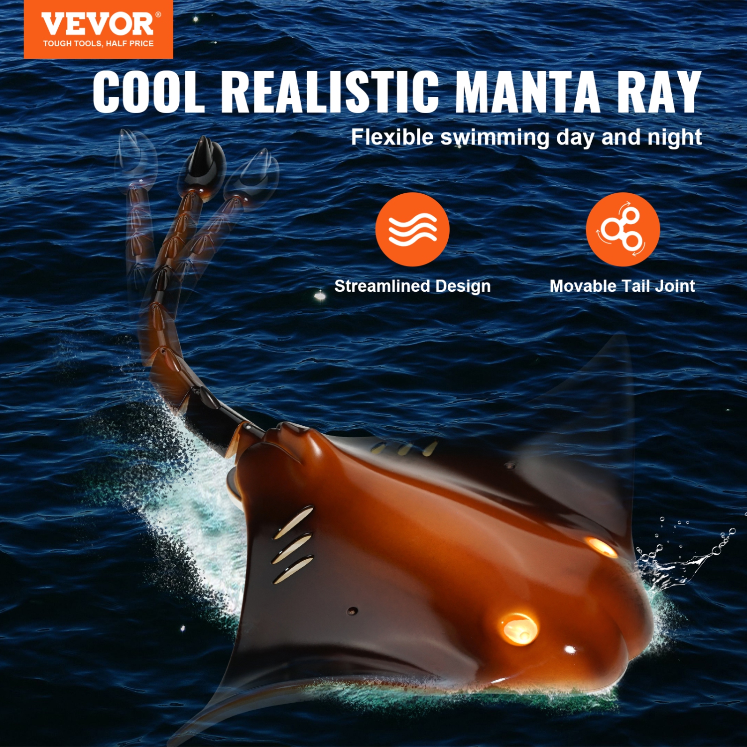 VEVOR Remote Control Manta Ray Toy, 2.4GHz High Simulation Robot Manta Ray with Light, 2 Rechargeable Batteries, for Pool, Bathtub or Lake, for 6+