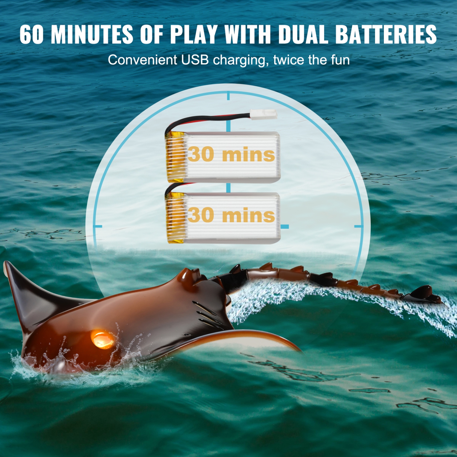 VEVOR Remote Control Manta Ray Toy, 2.4GHz High Simulation Robot Manta Ray with Light, 2 Rechargeable Batteries, for Pool, Bathtub or Lake, for 6+