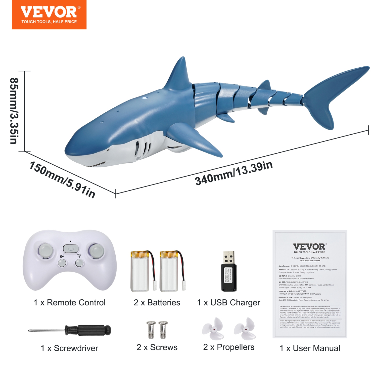 Requin télécommandé VEVOR, bateau téléguidé Shark haute simulation pour piscine de 2,4&nbsp;GHz, poisson-requin électrique téléguidé avec 2 piles,