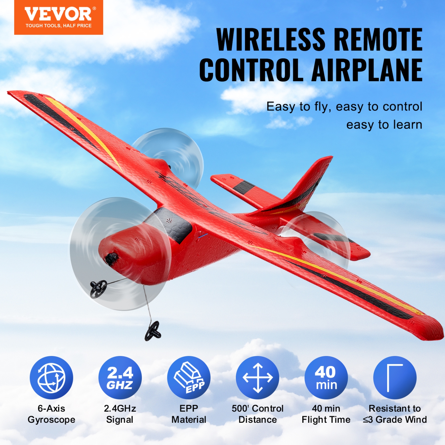 VEVOR RC Plane, 2.4GHZ 2 Channel Remote Control Airplane with 6-Axis Gyro Stabilizer, Ready to Fly Aircraft Plane Toys with 2 Batteries, for Adults