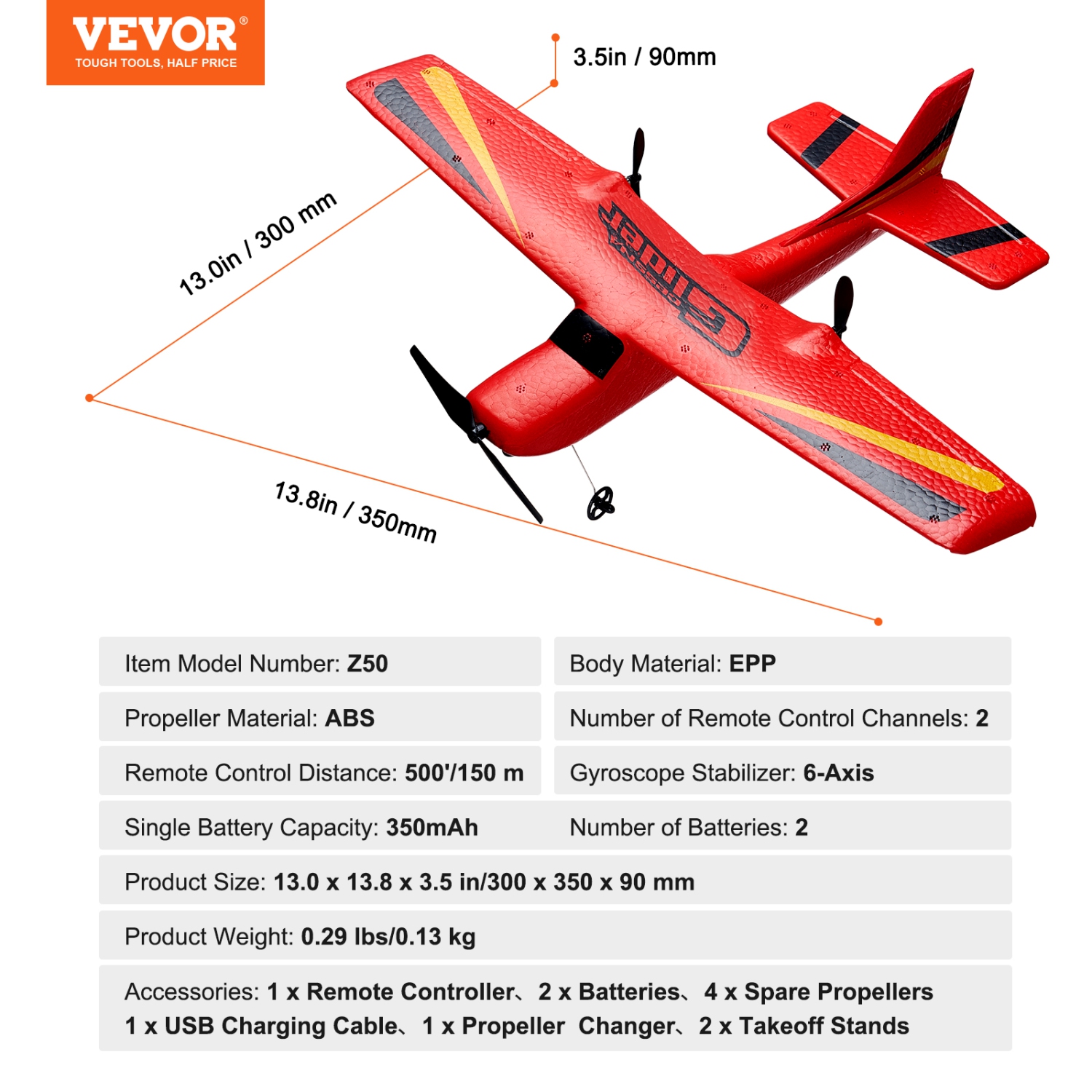 VEVOR RC Plane, 2.4GHZ 2 Channel Remote Control Airplane with 6-Axis Gyro Stabilizer, Ready to Fly Aircraft Plane Toys with 2 Batteries, for Adults