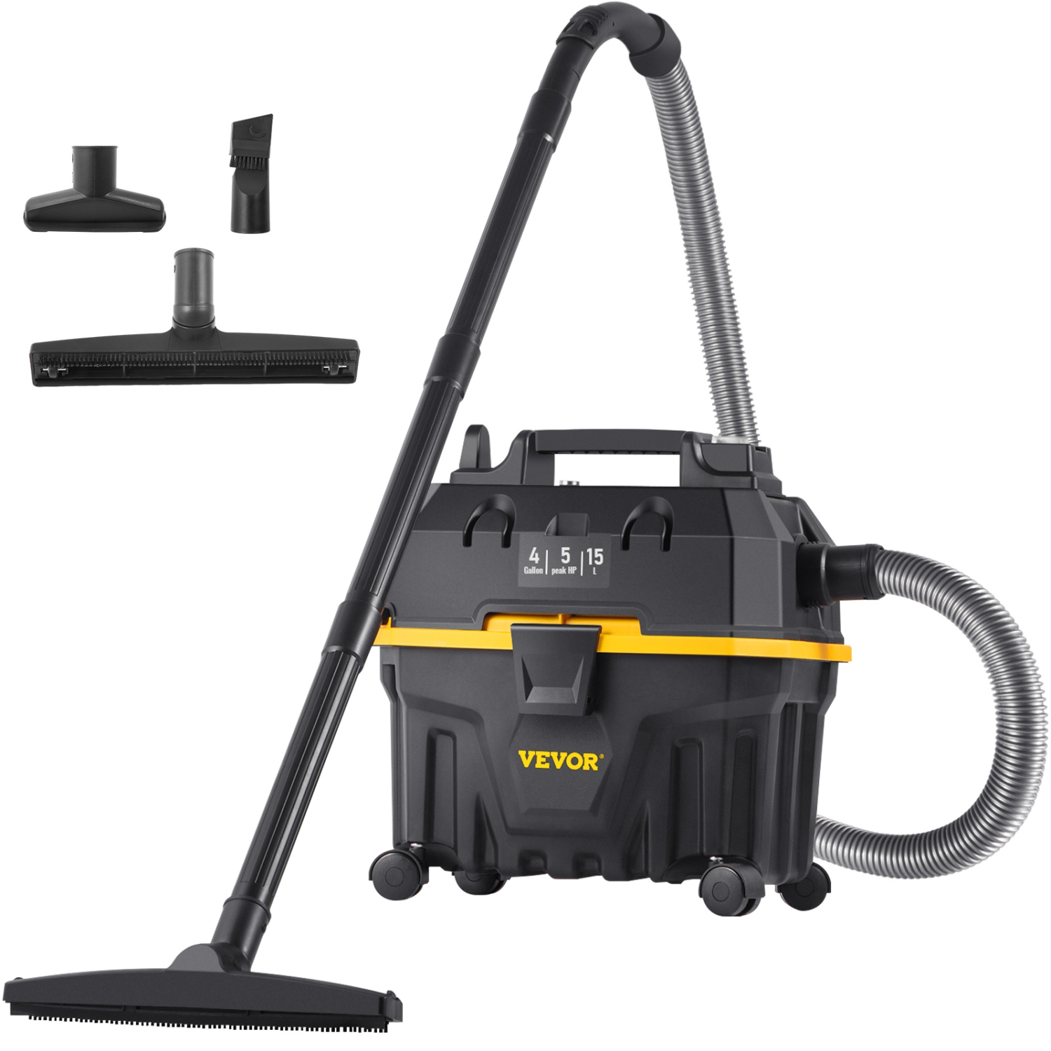 VEVOR 4 Gallon, Wet Dry Vac, 5 Peak HP, 3 in 1 Shop Vacuum with Blowing Function Portable Attachments to Clean Floor, Upholstery, Gap, Car, ETL