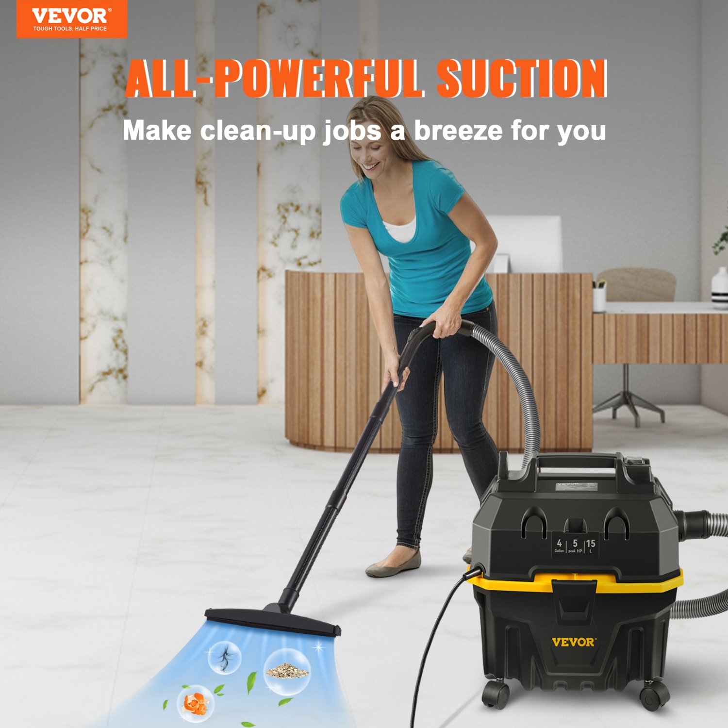 VEVOR 4 Gallon, Wet Dry Vac, 5 Peak HP, 3 in 1 Shop Vacuum with Blowing Function Portable Attachments to Clean Floor, Upholstery, Gap, Car, ETL